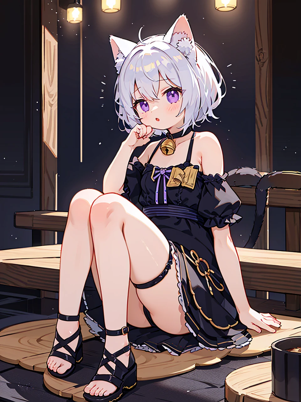 1girl，独奏，Animal ears，Cat ears，dress，black，Short sleeve，Purple Eyes，Off-shoulder，white hair，sitting，On the wooden table，blackdress，looking at the audience，Open your mouth，thigh strap，Chokes，Animal ears plush，Knees up，Shoulders，blackShort sleevedress，Cat Girl，short hair，neck bell，Short sleeve，blackChokes，bell，bangs，clavicle，spaghetti strips， Raise your hand、Knees up、Wearing strappy heels、extra ears、sash、blush、Hair between the eyes、Feet in the air