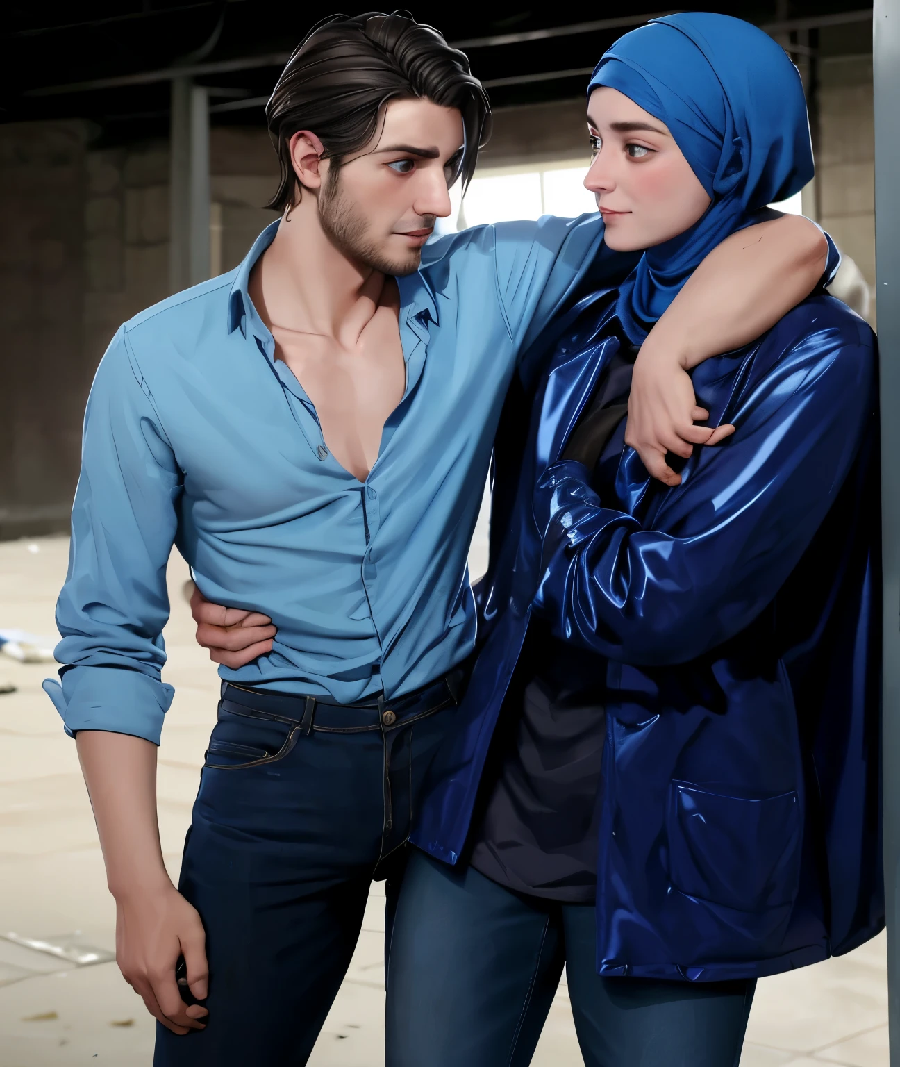 A young German man in a blue cotton shirt and jeans and a Syrian woman in a shiny plastic quilted coat and blue satin headscarf stand arm in arm in front of a refugee shelter, A German man in a cotton shirt and jeans is injured and is supported by a Syrian woman, A Syrian woman wearing a shiny plastic down coat supports an injured short-haired man, who can't walk alone, A Syrian woman wearing a headscarf holds an injured short-haired man in her arms, compassion, accident, injury, first aid, theater, ultra-realistic, photo