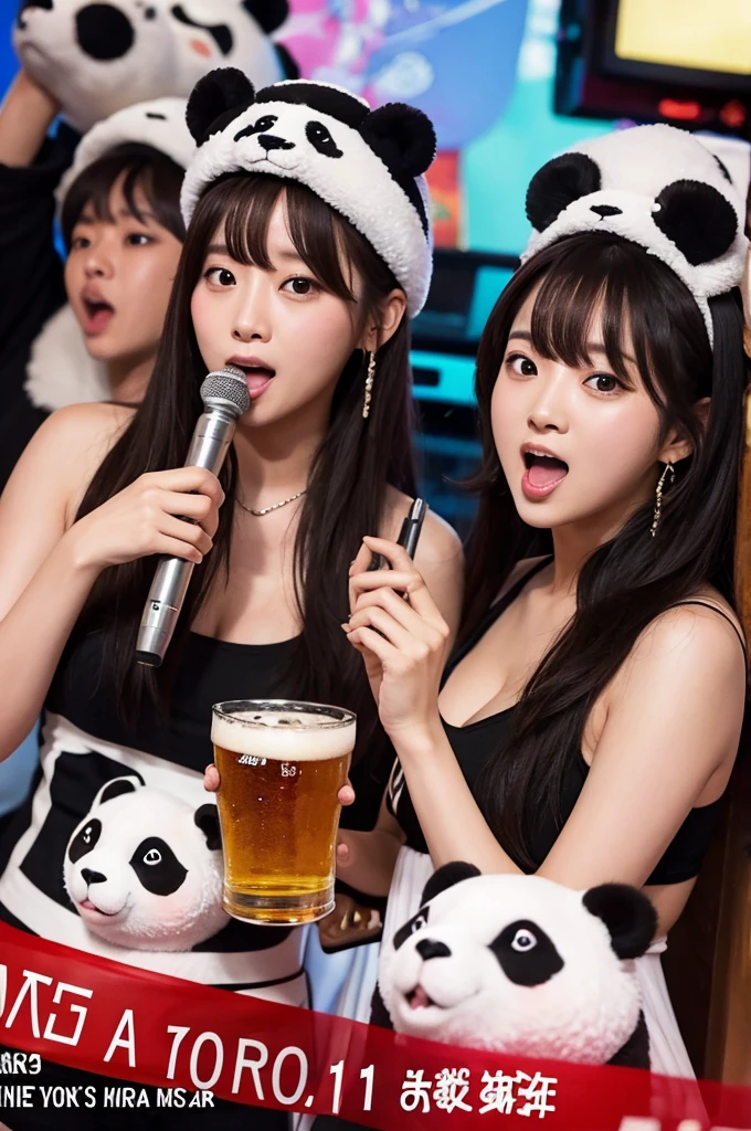Pandas singing karaoke and drinking beer,Eyes$mark