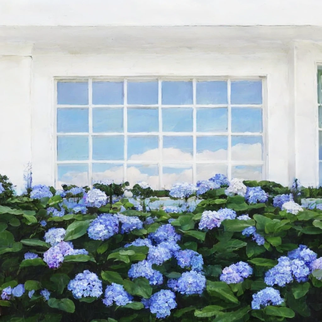 masterpiece, ultra detailed, beautiful, distinct, best aesthetic, super fine illustration, hydrangea bushes, vibrant purple and white flowers, lush green leaves, large window, cloud reflection, white window frame, symmetrical composition, clear blue sky, bright natural light, soft shadows, tranquil suburban home, #drawing style: Mixed Media #painting method: Impasto, pointier painting method, pointillism technique, repoussoir, Sfumato, Detailing oil pastel art, impressionism, Van Gogh style, Detailing digital painting