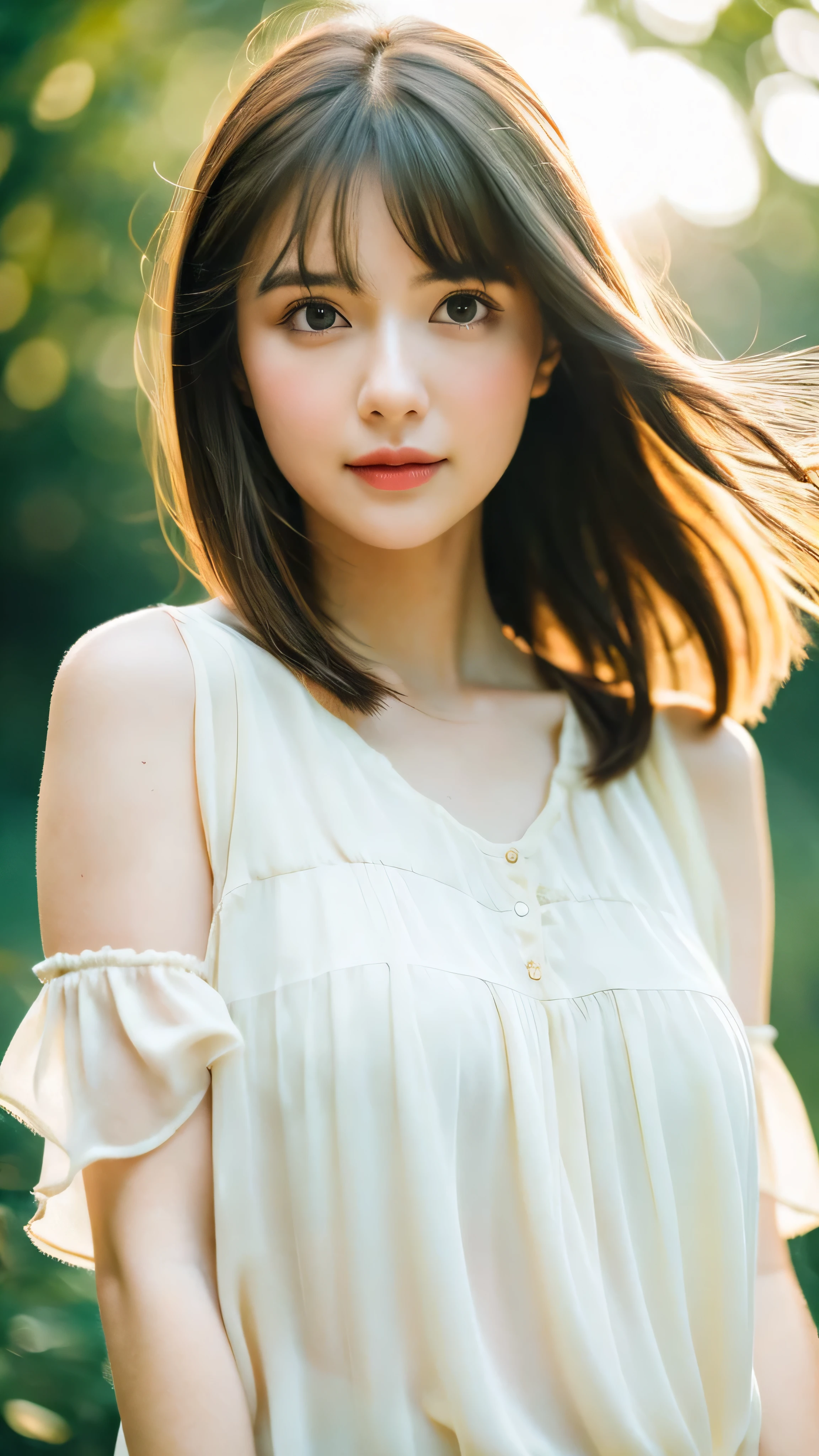 (Random Nationality):1.5, masterpiece, Highest quality, 8K, 20th Generation, (Large Breasts:1.2), cute, alone, sad, close, cute, Girlish, Delicate girl, Pure beauty, RAW Photos, Professional photography, Portraiture, Soft Light, Professional Lighting, Backlight, Upper Body, avert your eyes, Sophisticated, Film Grain, (Eyes and facial details:1.0), Beautiful straight hair, Hair swaying in the wind, Silk blouse, Random hairstyle