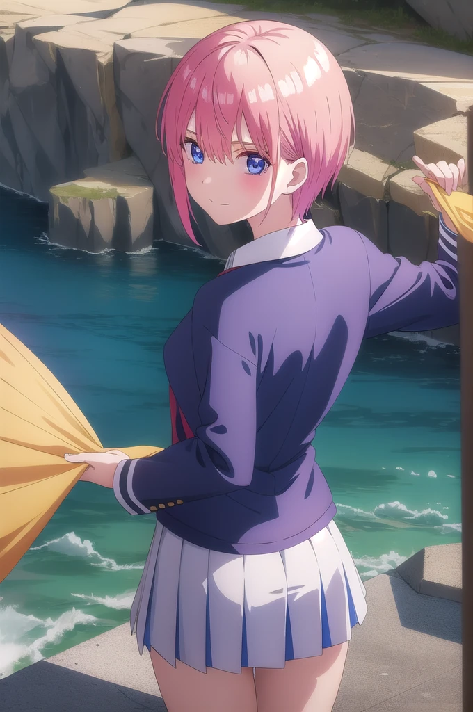 ((masterpiece)),(best quality),official art,extremely detailed CG,unity 8k wallpaper,ultra detailed,A lighthouse on a cliff by the sea,1girl,solo,upper body,(portrait:1.2),short_hair,pink_hair,blue_eyes,blue_jacket,white_shirt,green_skirt,bangs,school_uniform,smile,collared_shirt,hair_between_eyes,pleated_skirt,dress_shirt,breasts,long_sleeves,1girl, solo, ass, anus, looking back, multicolored hair, white background, spread anus, looking at viewer, simple background, white hair, pussy, spread ass, stick out ass, black tights, grab ass, Spread ass, grab ass with hands, 