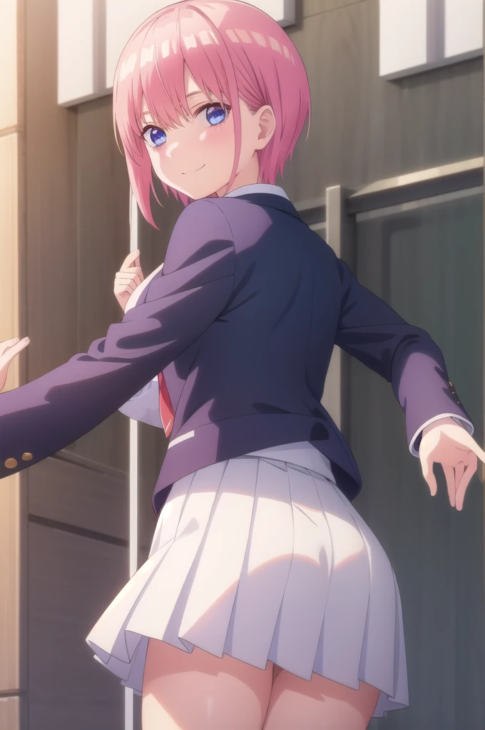 ((masterpiece)),(best quality),official art,extremely detailed CG,unity 8k wallpaper,ultra detailed,A lighthouse on a cliff by the sea,1girl,solo,upper body,(portrait:1.2),short_hair,pink_hair,blue_eyes,blue_jacket,white_shirt,green_skirt,bangs,school_uniform,smile,collared_shirt,hair_between_eyes,pleated_skirt,dress_shirt,breasts,long_sleeves,1girl, solo, ass, anus, looking back, multicolored hair, white background, spread anus, looking at viewer, simple background, white hair, pussy, spread ass, stick out ass, black tights, grab ass, Spread ass, grab ass with hands,
