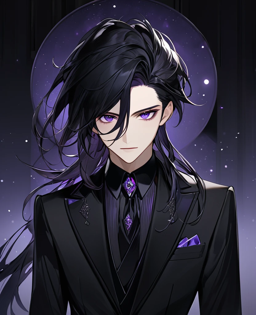 (black_hair), (dark_purple_eyes), (detailed_eyes), (attractive), (emotionless), (void_space_background), (male), (wearing _a_black_suit), (long_male_hair), (detailed_Hair), (detailed), (detailed_mouth),
