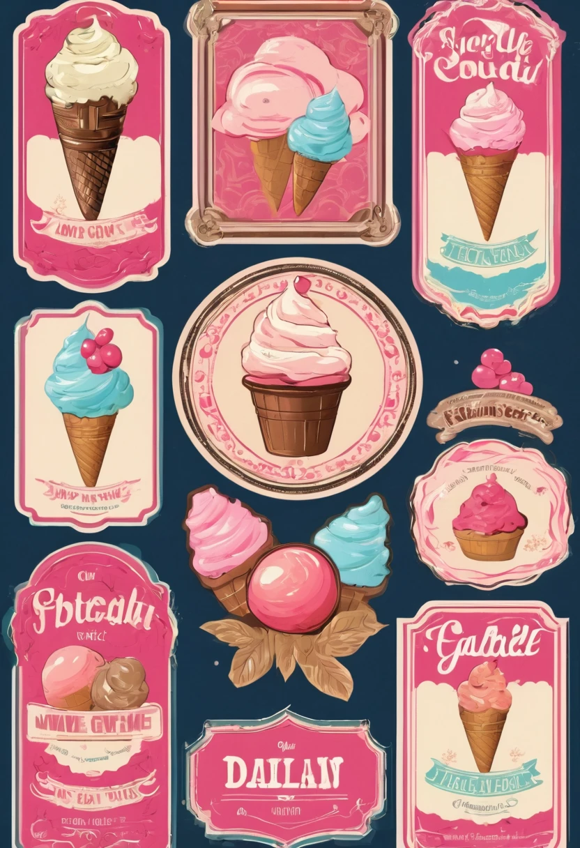 Multiple aligned vintage labels,cute,ice cream,Candy Label,Pink Girly
