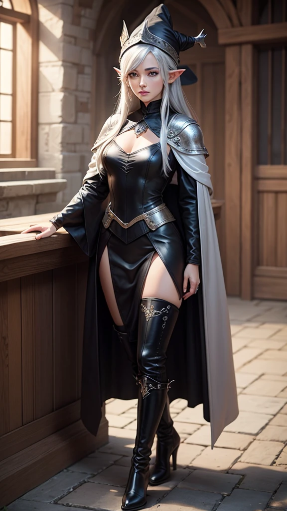 medieval setting, full view of body, 1 female elf mage,beatiful smokey eyes, silver hair, black mage robe with gambeson, wizard hat, black leather pants, leather boots