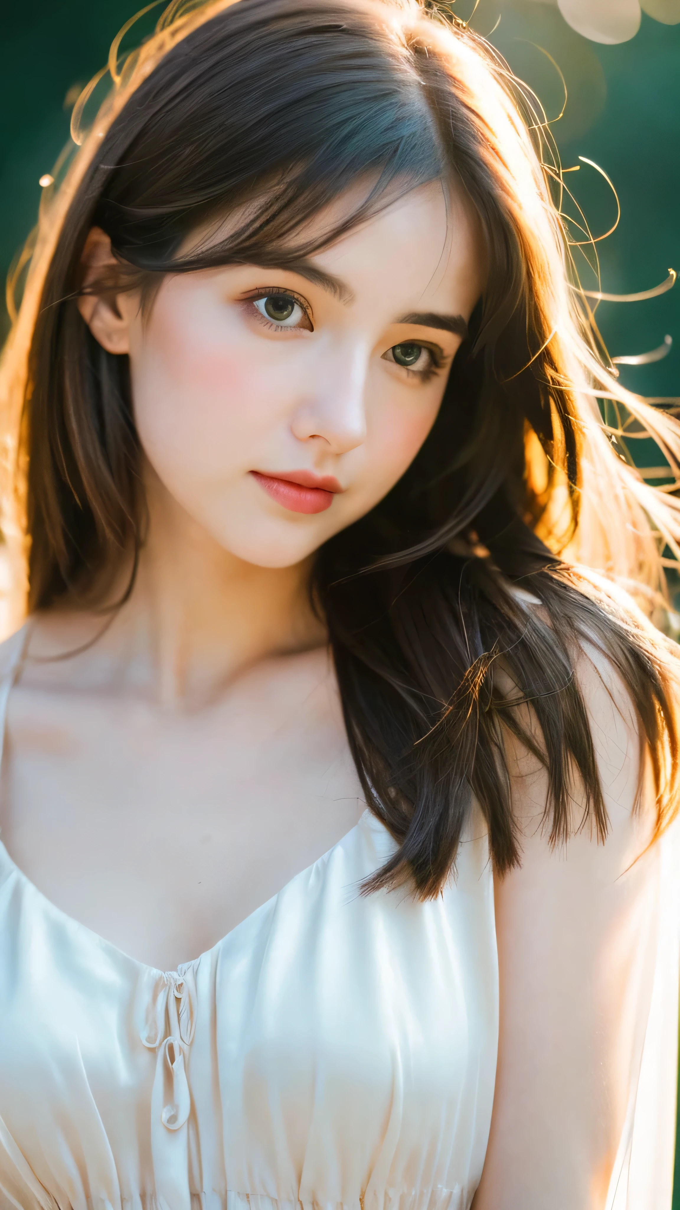 (Random Nationality):1.5, masterpiece, Highest quality, 8K, 20th Generation, (Large Breasts:1.2), cute, alone, sad, close, cute, Girlish, Delicate girl, Pure beauty, RAW Photos, Professional photography, Portraiture, Soft Light, Professional Lighting, Backlight, Upper Body, avert your eyes, Sophisticated, Film Grain, (Eyes and facial details:1.0), Beautiful straight hair, Hair swaying in the wind, Silk blouse, Random hairstyle