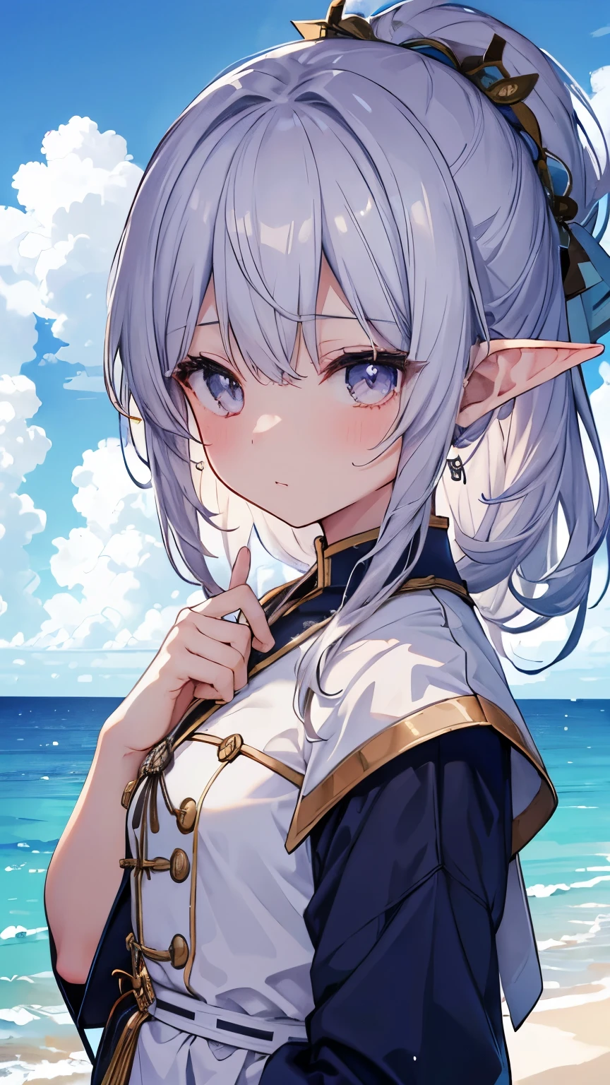 Highest quality:1.1)、(masterpiece:1.2)、(solo)、Close-up、Watching the viewer、Ocean、summer、Military uniform feng shui,Flowing sweat,,Umbilical cord,Girl,whole body,blue sky,Silver Hair,Elf Ears,Silver Eyes,slender