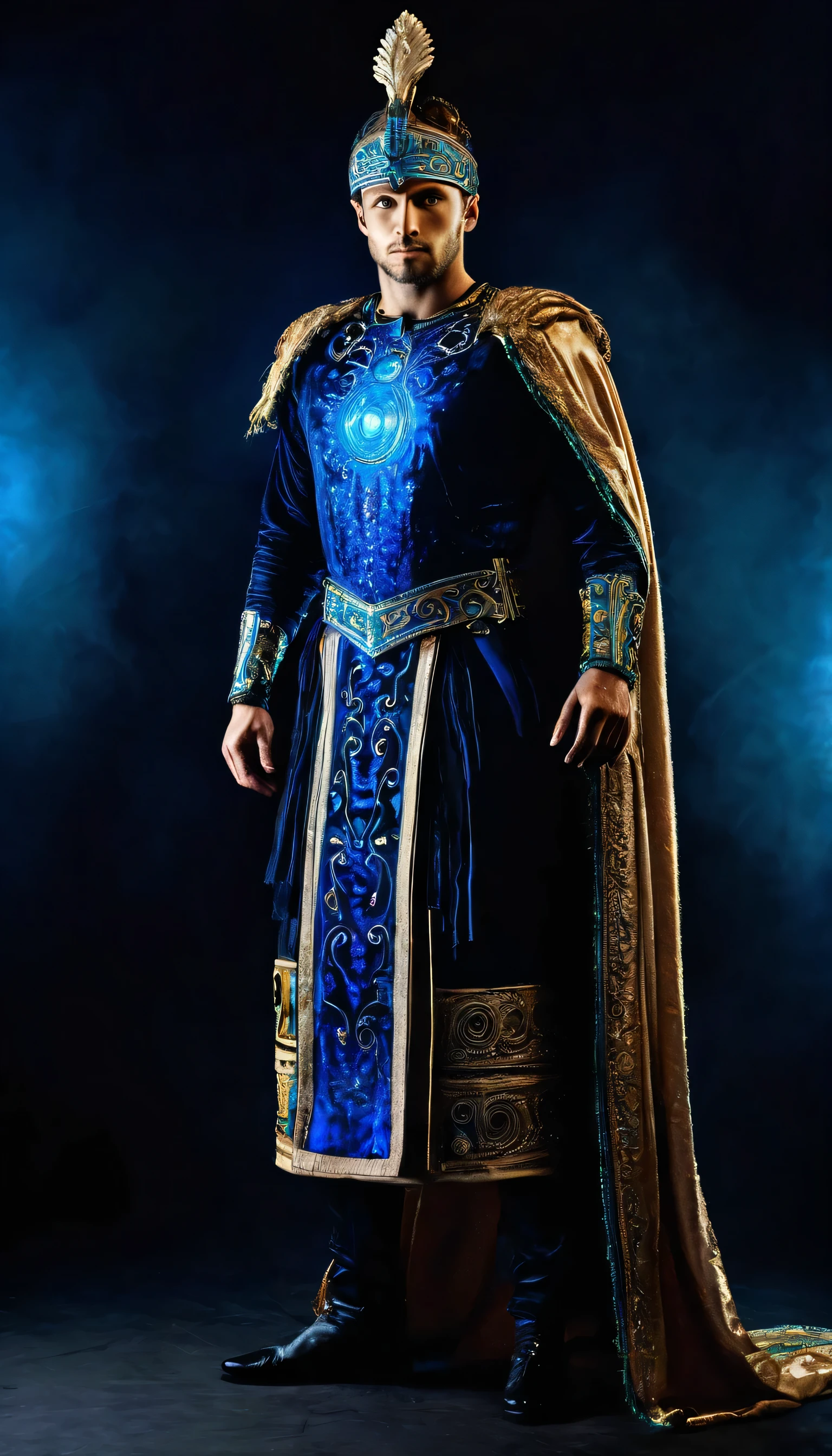 Full body biopunk bioluminescent portrait of blue eyes inspired model by homem bela oriente brasileiro pele Ultra-detailed body image in a dark environment in a dynamic high fashion pose. full body of a male model dressed as a royal in evening attire elegant pose, wearing spartan king clothes, features of Greek fashion war, with a laurel wreath on his head. Men's fashion in blue and gold, the rainbow opal real crown can be white, Incolor, milky blue, gris, rot, yellow, Unripe, brown and black spartan warrior from Greece, with the appearance of the demigod Hercules, detailed the clothes and body, 8K style spartan clothes. cinematic lighting