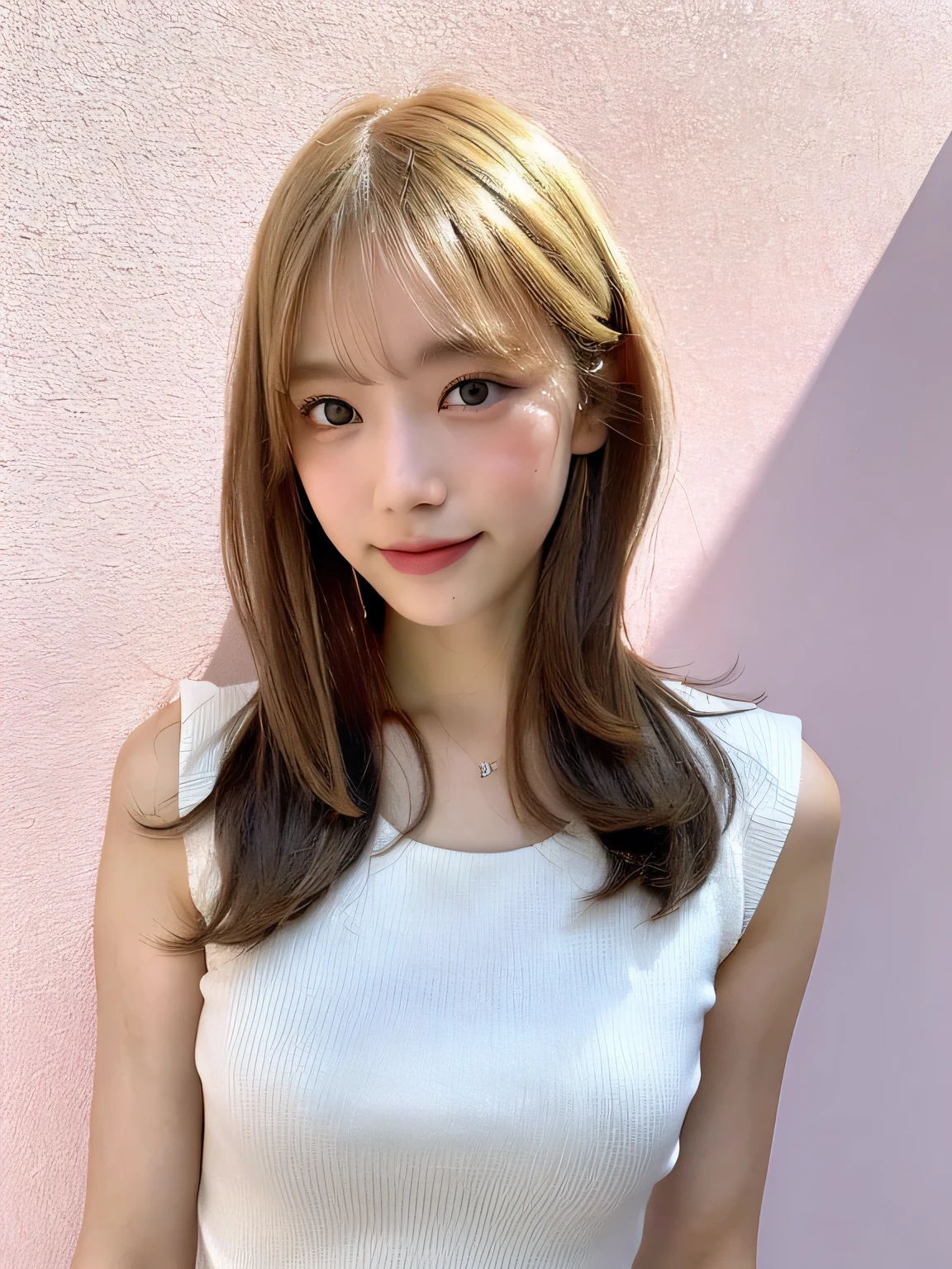 One person、11 years old、((Full body photo))、((Full body photo)),slender、woman、White drool coming out of the mouth、smile、Blonde、Natural Bob Hair、 Fair skin, messy hair, super cute、Soft and Face、8K resolution、Surreal、Ultra high definition、 A-cup small breasts((Highest resolution、8K、masterpiece:1.3))、Ultra-fine face、Ultra Fine Lips、Beautiful Eyes、double eyelid,Pink wall、Sleeveless light blue polo shirt、White Skirt、Thighs、thin,Thighsが見える、Shapely small breasts、