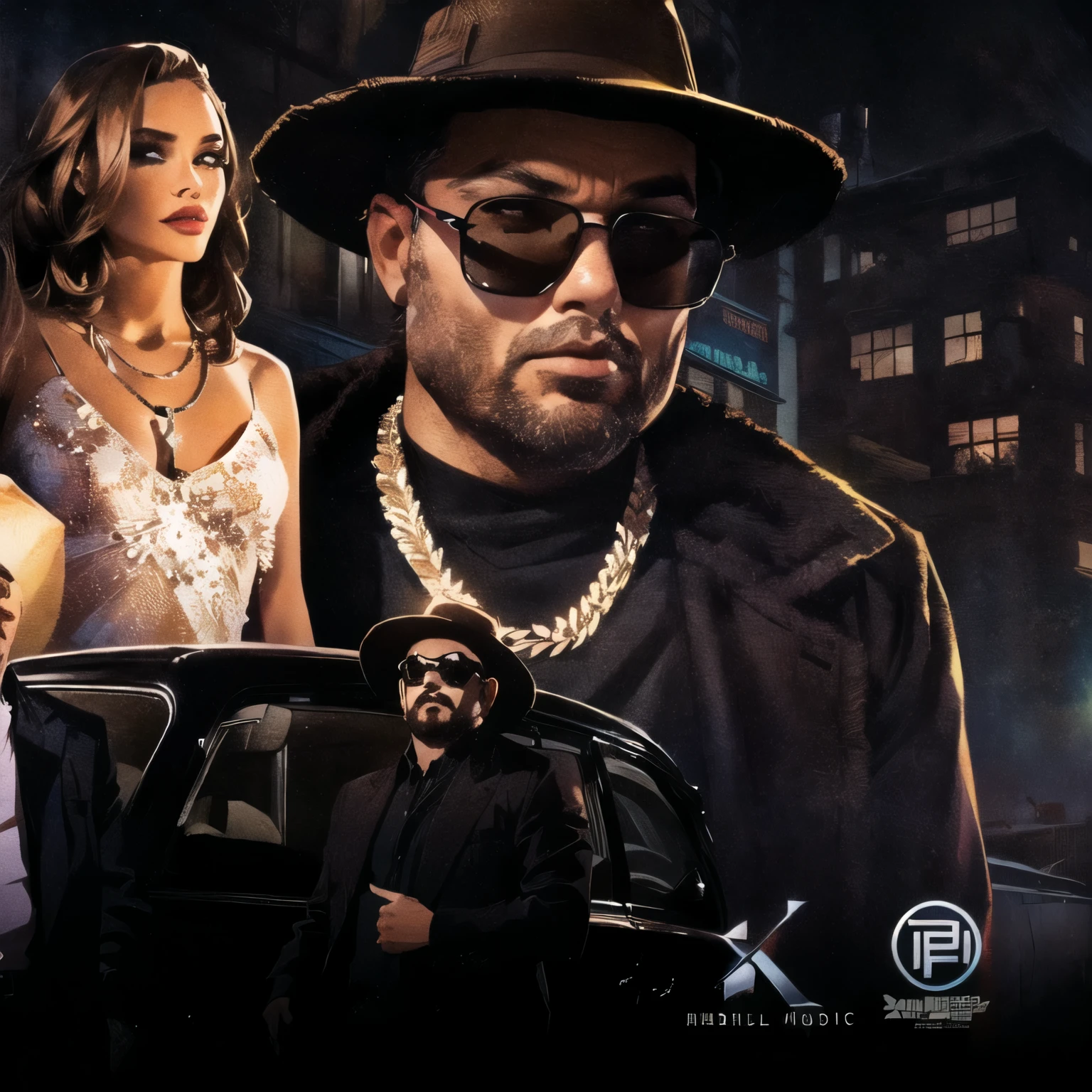 There is a man and a woman in a car with a man in a hat, official artwork, movie Promotional image, Promotional image, “diamonds, slaughterhouse, Promotional image, movie promo, Paid Illustrations, Official music video, bad bunHe, official illustration, promotional artwork, He, key art, full scene shot, cover photo, promotional art, arte the fan, k high definition