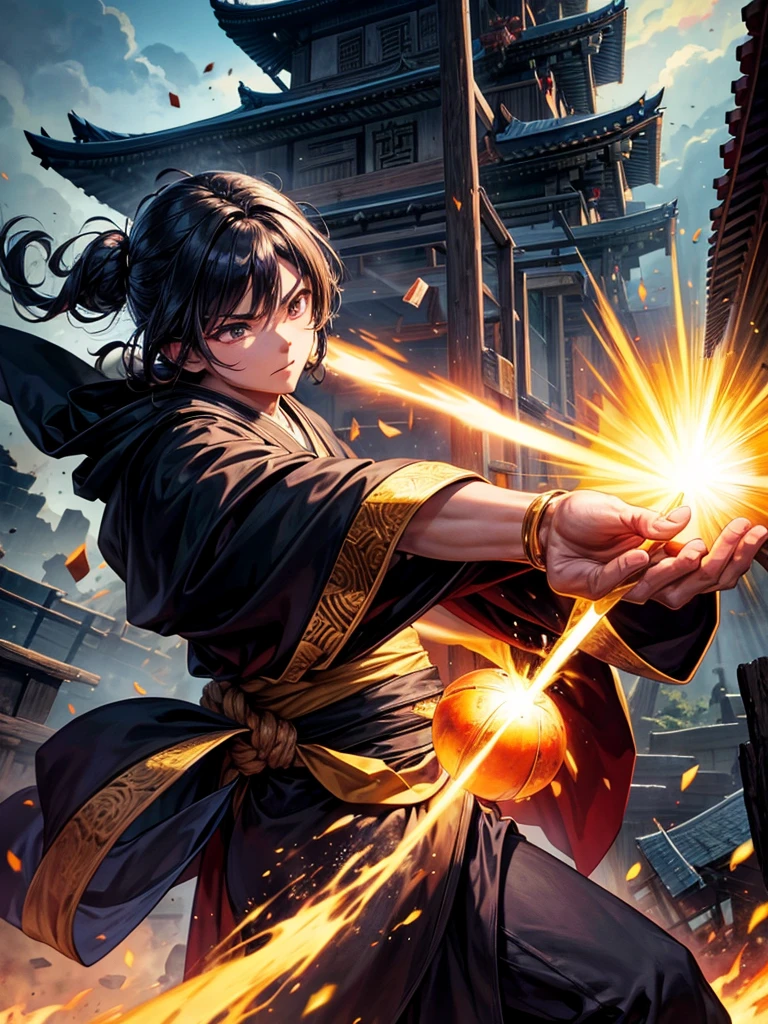 Highest quality,Highest Resolution,An old monk in a black robe shoots a Kamehameha-like beam from his hand and destroys buildings.,Japanese Temples,Destroying a building,