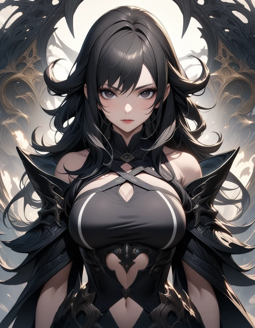 Mature big sister,Black long hair,Black chest binding,Fantasy style,Beautiful black eyes,Extremely detailed,high resolution,Simple background