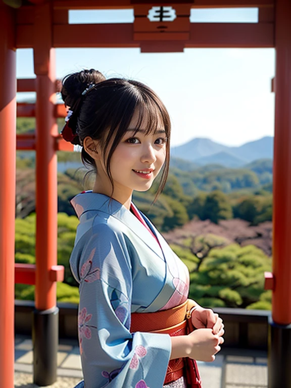 1 beautiful young girl, Super beautiful detailed face, smile shyly, (Slender body:1.2), (Japan kimono with colorful pattern:1.3), dark brown hair, bun hair, (Fine face:1.2), conceptual art, High quality, Realistic, extremely detailed CG unified 8k wallpaper, highly detailed, High-definition raw color photos, professional photography, Realistic portrait, Cinematic Light, Beautiful detailed, Super Detail, high details, depth of fields, illumination, ((the red torii gate in kyoto:1.2))
