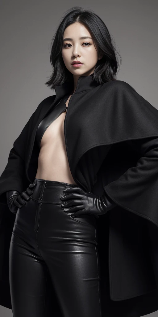 (masterpiece, best quality:1.2), from below, solo, 1girl, ozen, expressionless, closed mouth, looking at viewer, hands on hips, black jacket, cape, black pants, black gloves