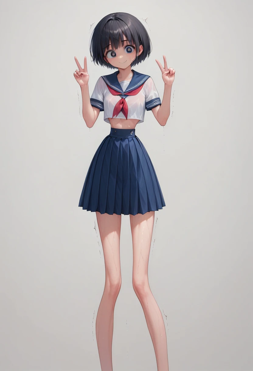 (masterpiece, best quality:1.4), front shot, 1girl, kawaii, (micro waist, very long legs:1.3), Black hair, short bob hair, short height, scrawny and thin body, Light Skin, cute big eyes, cute beautiful thin face, forced smile, serafuku, pigeon-toed, wet and sweaty, visible ribs, V sign, Trembling