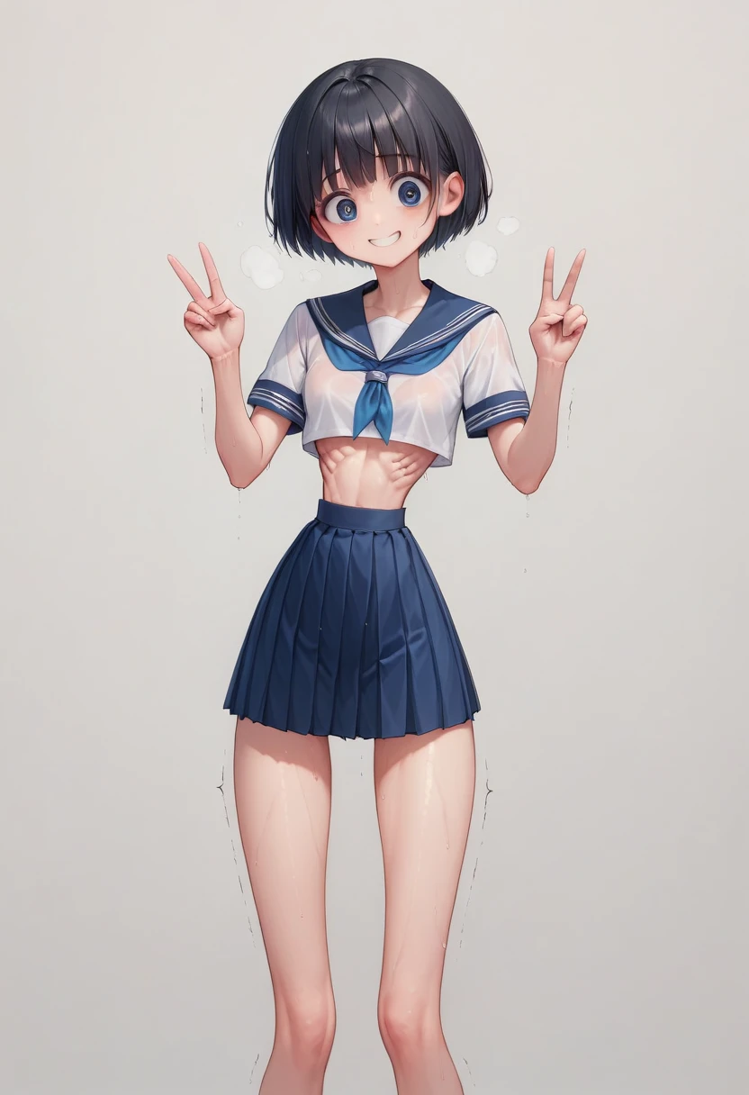 (masterpiece, best quality:1.4), front shot, 1girl, kawaii, (micro waist, very long legs:1.3), Black hair, short bob hair, short height, scrawny and thin body, Light Skin, cute big eyes, cute beautiful thin face, forced smile, serafuku, pigeon-toed, wet and sweaty, visible ribs, V sign, Trembling