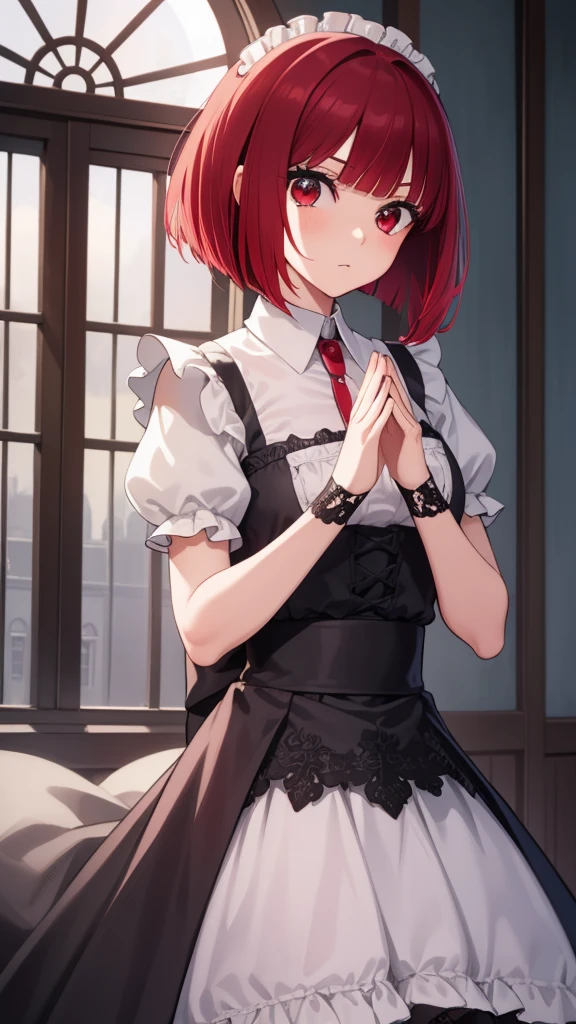 Arima maybe, Arima maybe, bob cut, (red eyes:1.5), redhead, short hair, , Maid clothes,ruffle skirt，Gothic Lolita，hair in the wind，、，
break looking at viewer,
break indoors, mansion,
break (masterpiece:1.2), highest quality, High resolution, unity 8k wallpaper, (shape:0.8), (beautiful and detailed eyes:1.6), highly detailed face, perfect lighting, Very detailed CG, (perfect hands, perfect anatomy),