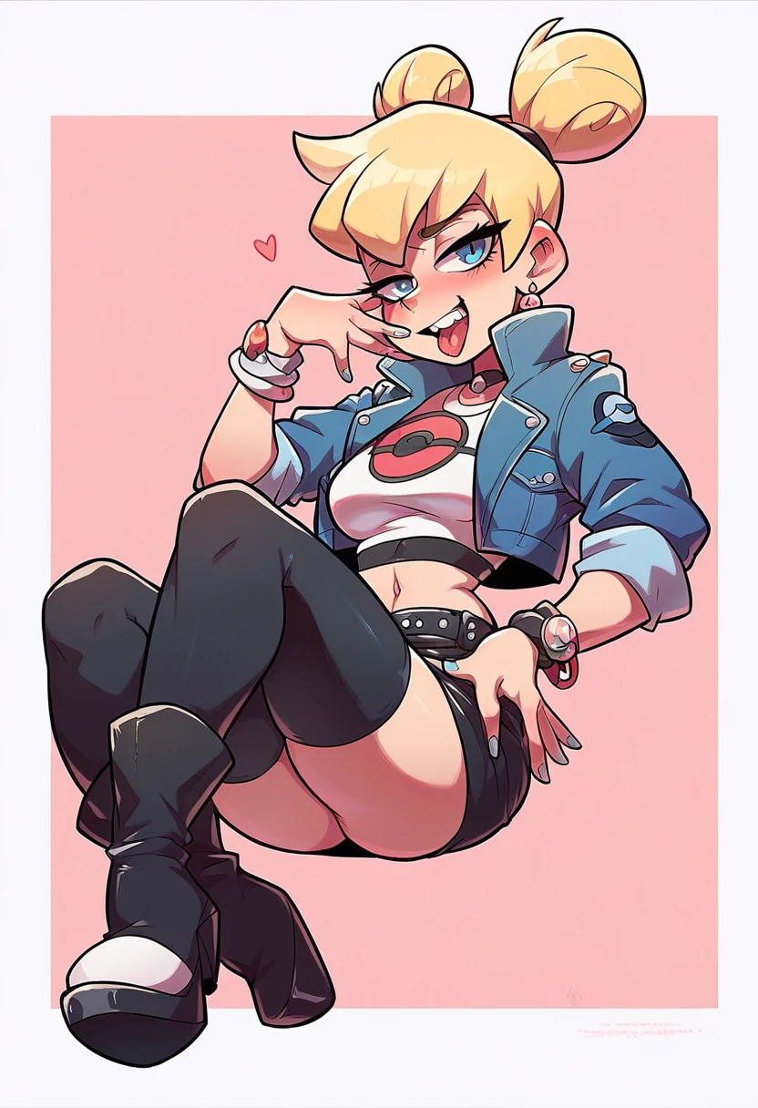 girl pokemon trainer blonde posh dresses as a slut, dressed in with a blue denim jacket with a white crop top a black leather skirt and stockings and high-heeled boots, horny