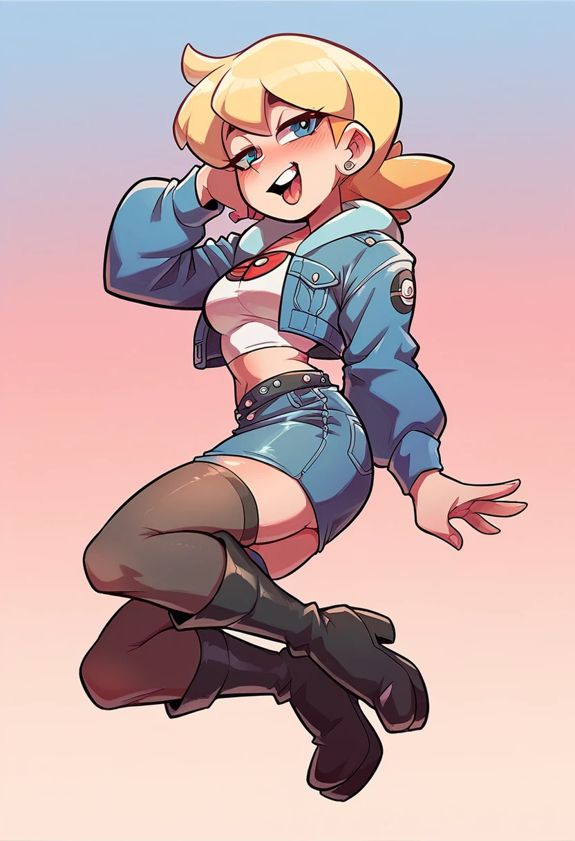 girl pokemon trainer blonde posh dresses as a slut, dressed in with a blue denim jacket with a white crop top a black leather skirt and stockings and high-heeled boots, horny