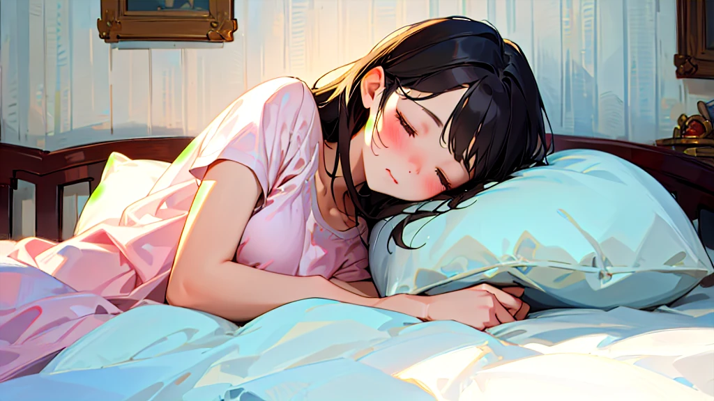 (Highest quality, masterpiece, Ultra-realistic), Beautiful and delicate15Year-old girl portrait,, The background is the bedroom at home.。Sleeping with a calm expression。It's dark in the room、The lights are out。