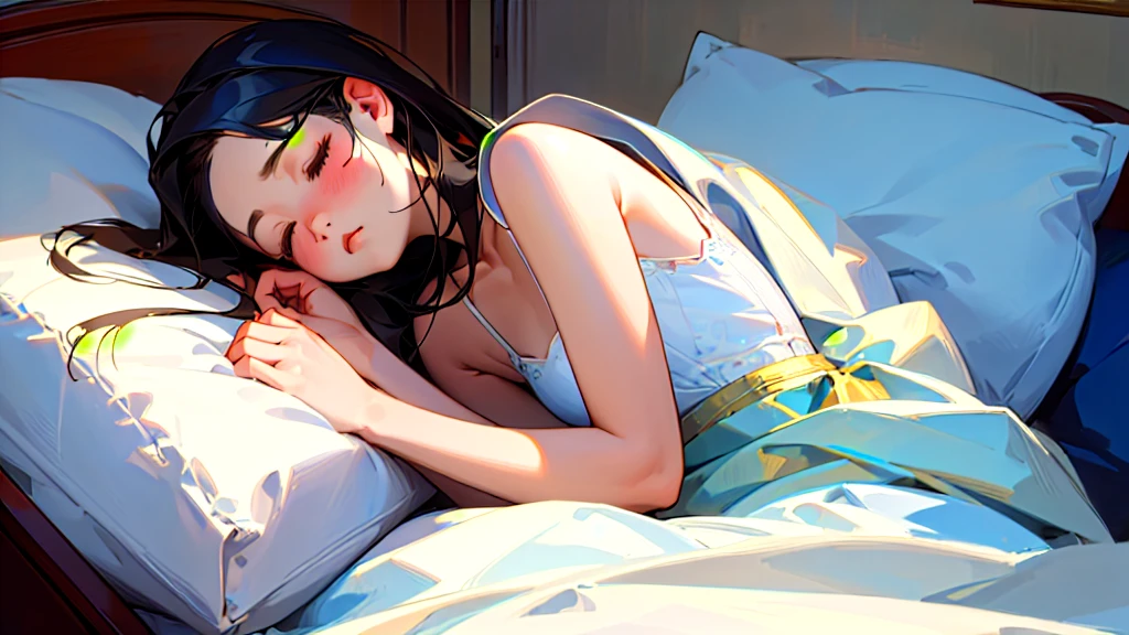(Highest quality, masterpiece, Ultra-realistic), Beautiful and delicate15Year-old girl portrait,, The background is the bedroom at home.。Sleeping with a calm expression。It's dark in the room、The lights are out。
