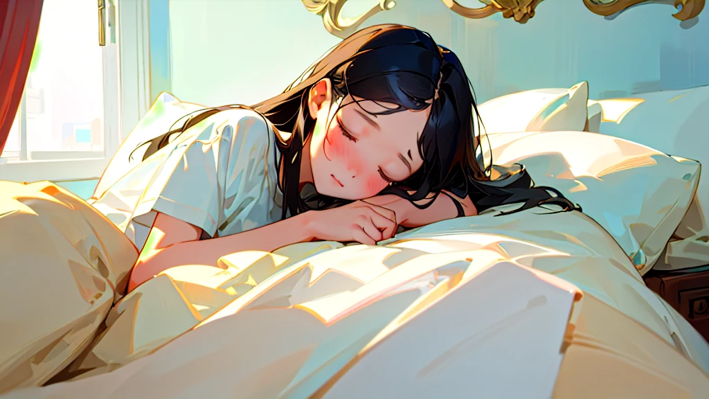 (Highest quality, masterpiece, Ultra-realistic), Beautiful and delicate15Year-old girl portrait,, The background is the bedroom at home.。Sleeping with a calm expression。It's dark in the room、The lights are out。
