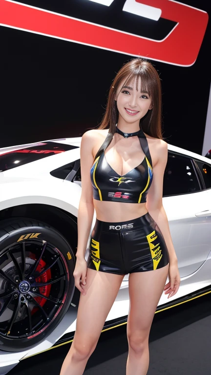 (8K, Ultra-high resolution, Highest quality, Tabletop:1.2),(18-year-old:1.2)、Race Queen、（motor Show）、fellow、Racing Car、Long legs、(Insincere laughter)、(avert your eyes)、8K、Japanese girl&#39;s life々Beautiful portrait、Photorealistic、Ultra-high resolution、Highest quality、Earrings、 (Big Breasts, Cleavage:1.2),(High leg)、(((Vinyl Mini Skirt Costume)))、(Laotex)、Shiny Costumes、(From below:1.2)、(Makuhari Messe)、(((Toyota、Nissan、Honda、ＢＭＷ，Audi、ford, wait.)))、Stand next to the car、Arms crossed、(Panty shot:1.5)、(High-end cafe:1.4) break (Natural skin texture、Detailed skin、Hyperrealism、Ultra Sharpness)、Intricate details、Depth of written boundary、Dim lighting、Korean Idol、Nogizaka Idol、Gravure idol pose、Fashion model posing