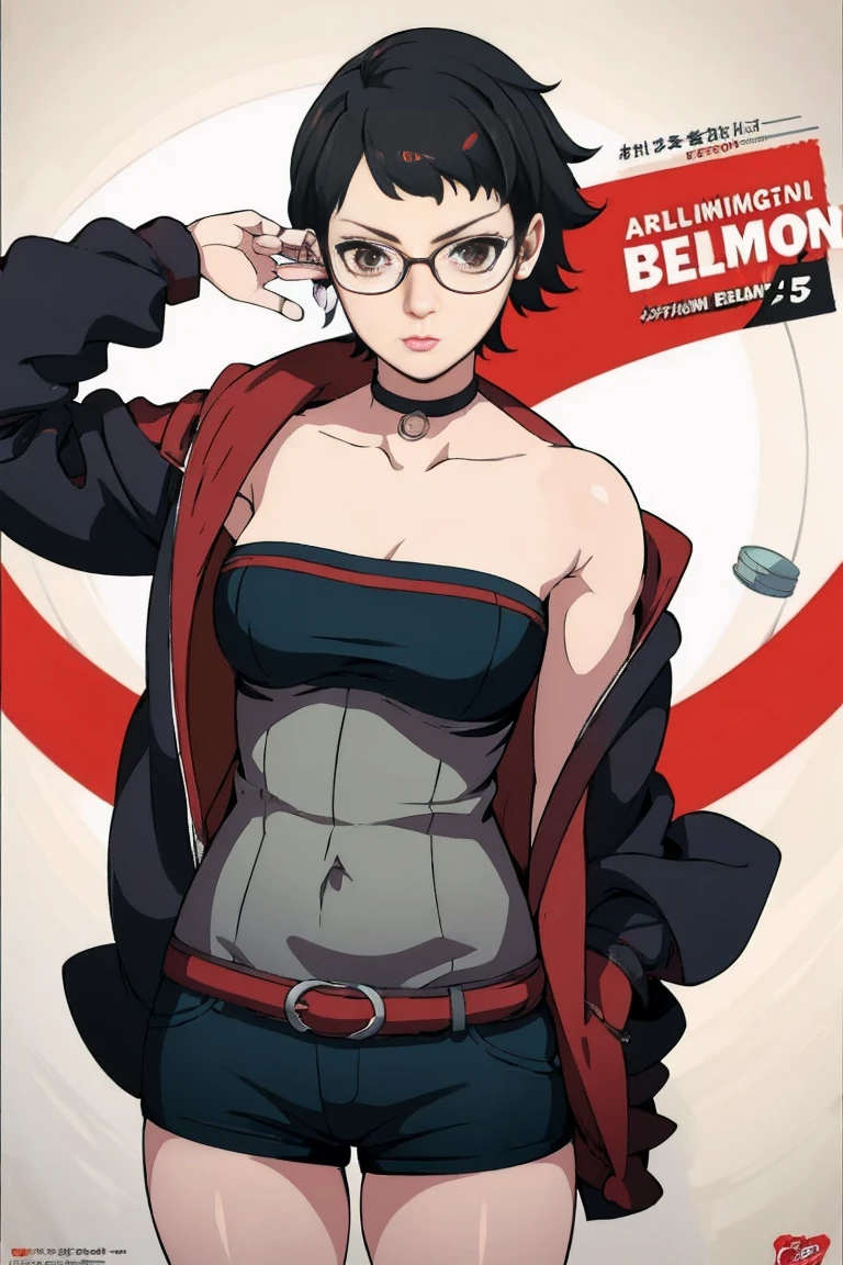 anime girl in a short dress and glasses with a red cape, persona 5 art style wlop, style artgerm, extremely detailed artgerm, ! dream artgerm, ig model | artgerm, female protagonist 👀 :8, realistic anime 3 d style, artgerm portrait, anime styled 3d, realistic anime artstyle ((( same pose showing belly)))(((naked)))(((( no jacket))))