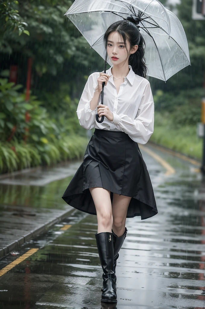 (((best quality))),(((ultra detailed))),(((masterpiece))),illustration,1girl, young,solo, slim,thin,short ponytail,small breasts,flat chest,white collared shirt,slender legs,boots,standing,rainy night, heavy rain, drenched clothes, melancholy expression, solitude, tear rolling down cheek, wet hair, empty streets, dimly lit, deserted environment, sound of rain, footsteps, discarded umbrella on the ground, symbol of hope, abandoned, resilience, determination, walking in rain, heartbreak, loss, love fading, loneliness, body language, facial expression, dreary atmosphere, rain-soaked streets, somber mood, viewer engagement,full body