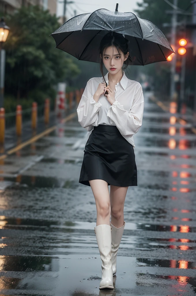 (((best quality))),(((ultra detailed))),(((masterpiece))),illustration,1girl, young,solo, slim,thin,short ponytail,small breasts,flat chest,white collared shirt,slender legs,boots,standing,rainy night, heavy rain, drenched clothes, melancholy expression, solitude, tear rolling down cheek, wet hair, empty streets, dimly lit, deserted environment, sound of rain, footsteps, discarded umbrella on the ground, symbol of hope, abandoned, resilience, determination, walking in rain, heartbreak, loss, love fading, loneliness, body language, facial expression, dreary atmosphere, rain-soaked streets, somber mood, viewer engagement,full body