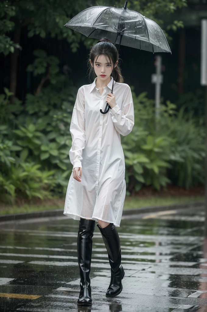 (((best quality))),(((ultra detailed))),(((masterpiece))),illustration,1girl, young,solo, slim,thin,short ponytail,small breasts,flat chest,white collared shirt,slender legs,boots,standing,rainy night, heavy rain, drenched clothes, melancholy expression, solitude, tear rolling down cheek, wet hair, empty streets, dimly lit, deserted environment, sound of rain, footsteps, discarded umbrella on the ground, symbol of hope, abandoned, resilience, determination, walking in rain, heartbreak, loss, love fading, loneliness, body language, facial expression, dreary atmosphere, rain-soaked streets, somber mood, viewer engagement,full body