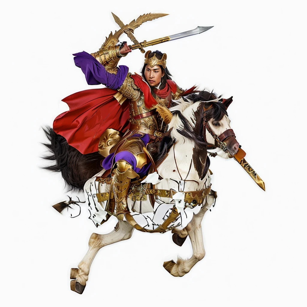 an ancient chinese young warrior, wearing gold color armour, warrior riding a horse, holding a word and a spear, red cape, purple robe, horse head look at the left