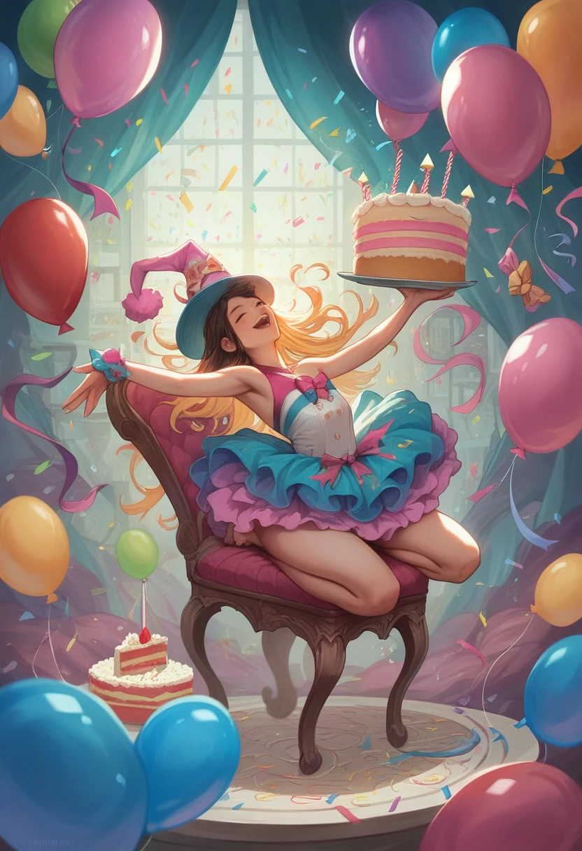 a  at a birthday party, 1 chair, kids dancing around the chair, colorful decorations, birthday cake, balloons,  hats, streamers, confetti, warm lighting, vibrant colors, playful atmosphere, detailed faces and expressions, intricate  details, dynamic movement, high definition, photorealistic, 4k, masterpiece