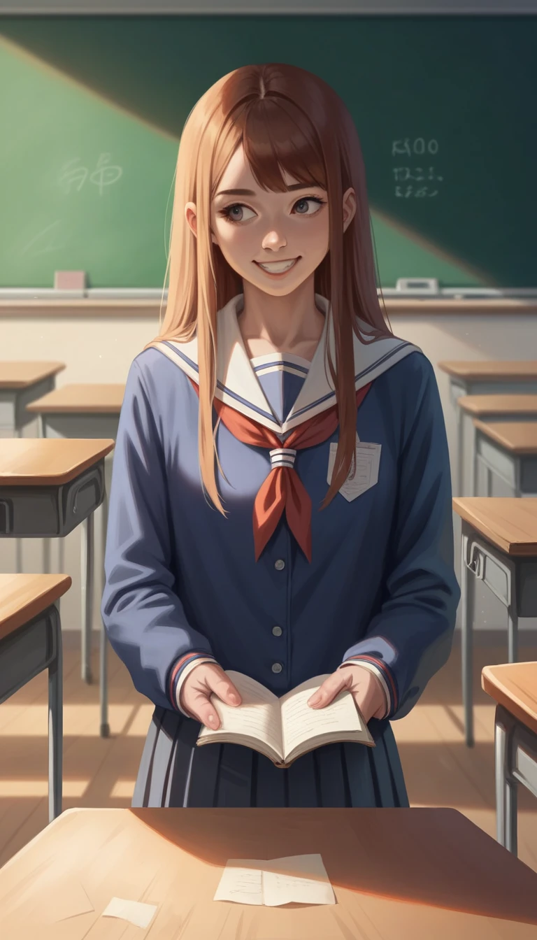 (Highest quality,masterpiece:1.3,Ultra-high resolution),(Very detailed,Caustics,8K),(Realistic:1.4,RAW shooting),Girl in high school uniform,Japanese,boyish,smile,18-year-old,Brown long haircut,Looking into the camera,School classroom,I'm sitting on a chair and studying、Waist up shot,front,Face Focus,Face close-up,(Warm Light),Professional Writing