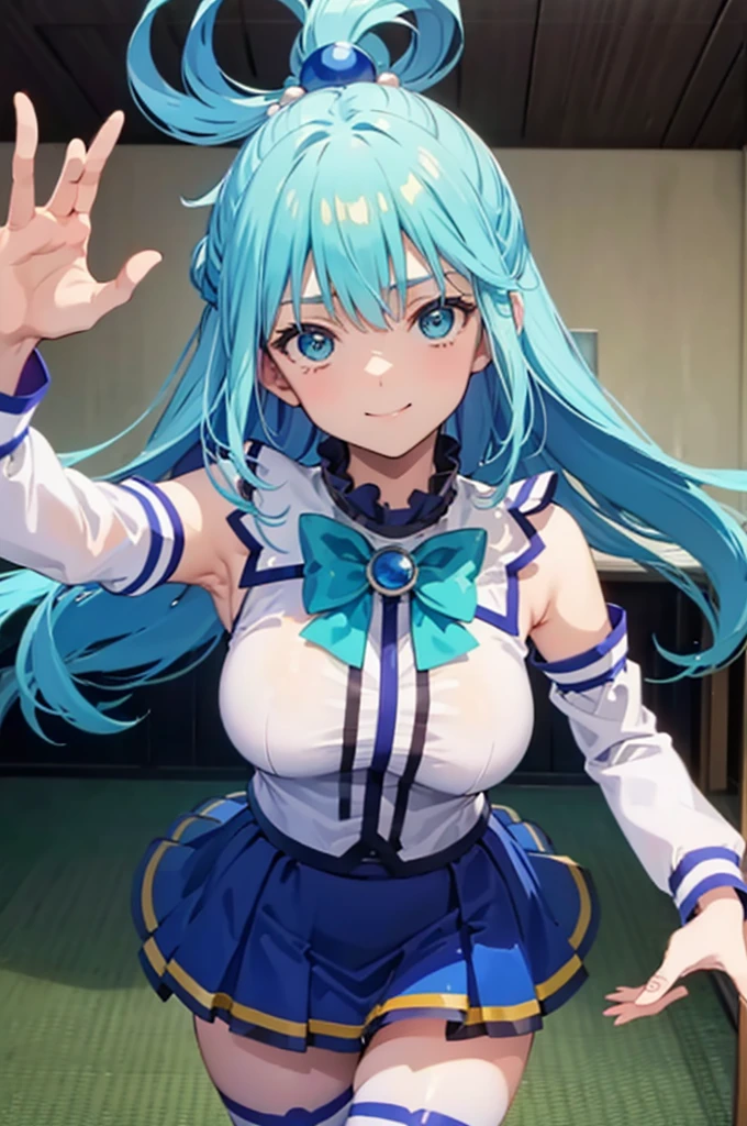 masterpiece, best quality, high resolution, best illustration, super fine illustration, (official art:0.7), (anime screencap:0.8), detailed beautiful face and eyes, anime keyvisual, (perfect anatomy:1.1), 8k portrait, (detail focus fingers:1.2), 
1girl,
Aqua, 
Aqua \(konosuba\),
long hair, single hair ring, 
blue hair, 
(blue eyes:1.2), (beatiful detailed eyes:1.2), 
green bow, 
medium breasts, 
blue shirt, blue skirt, white thighhighs, bare shoulders, detached sleeves, zettai ryouiki, 
looking at viewer, 
cowboy shot, 
natural light, background of indoor, smile, 