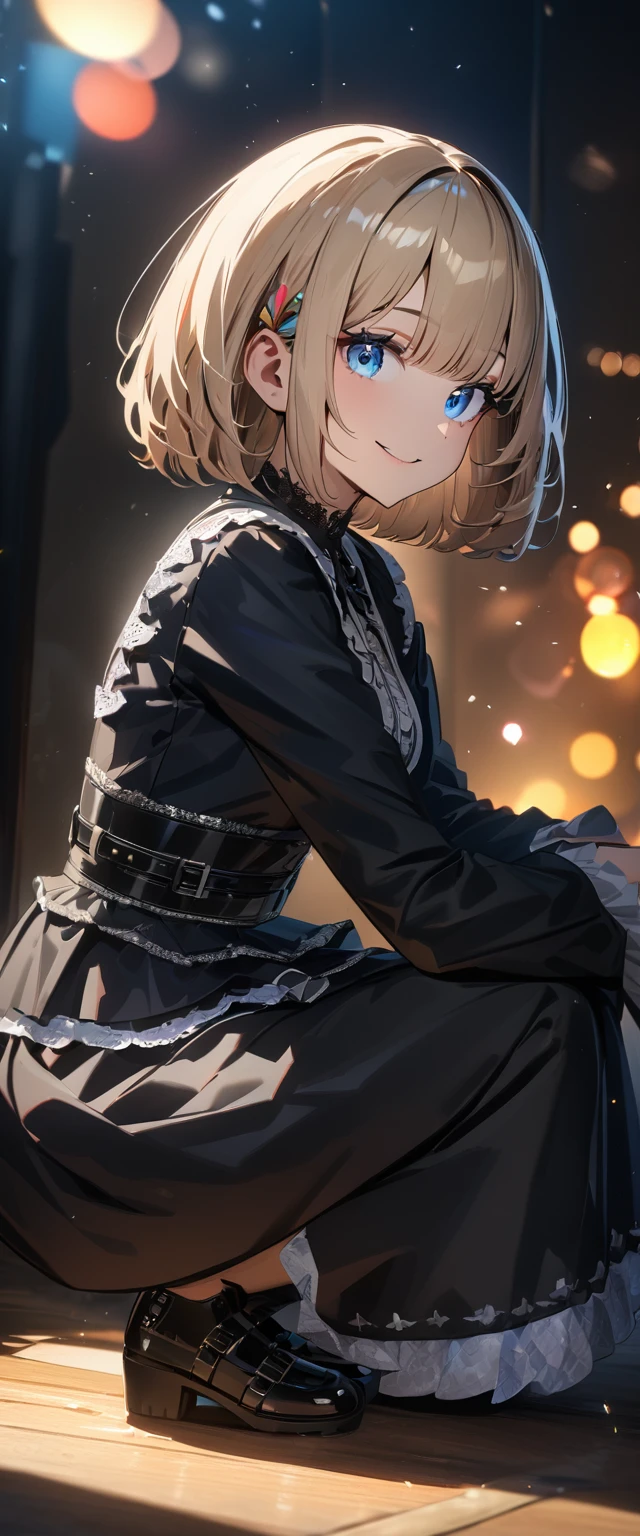 (((One girl))), Shibuya, streat, blond hair, bob cut, (looking at viewer), (((full body))), squatting, breasts, teenager, head tilt:1.3, (((blue eye))), constricted pupils, (from side:1.3), ((happy smile)), (((gothic lolita:1.3))), hair ornament, hair ribbon, anime style, (best quality, 4k, 8k, highres, masterpiece:1.2, ultra-detailed, ultra-detailed eyes, HDR, UHD, studio lighting, ultra-fine painting, sharp focus, physically-based rendering, extreme detail description, professional, vivid colors, bokeh)