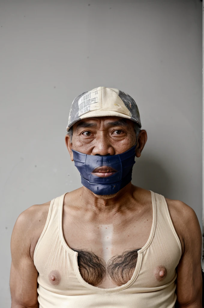 Old malay man, white singlet, tape gag, hairy chest, mouth gag, duct tape