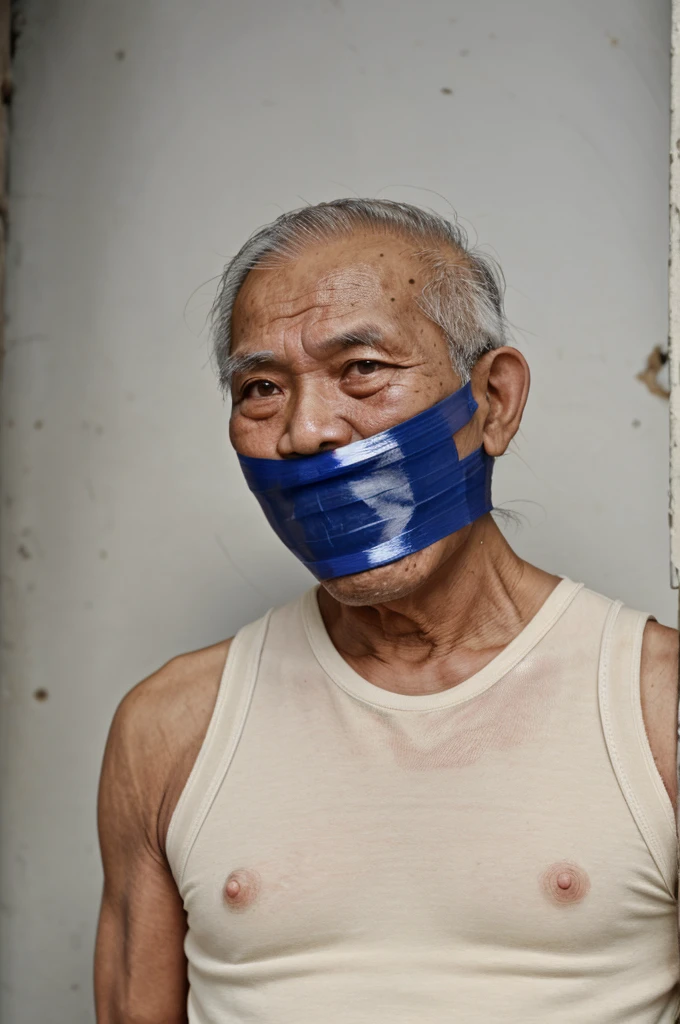 Old malay man, white singlet, tape gag, hairy chest, mouth gag, duct tape