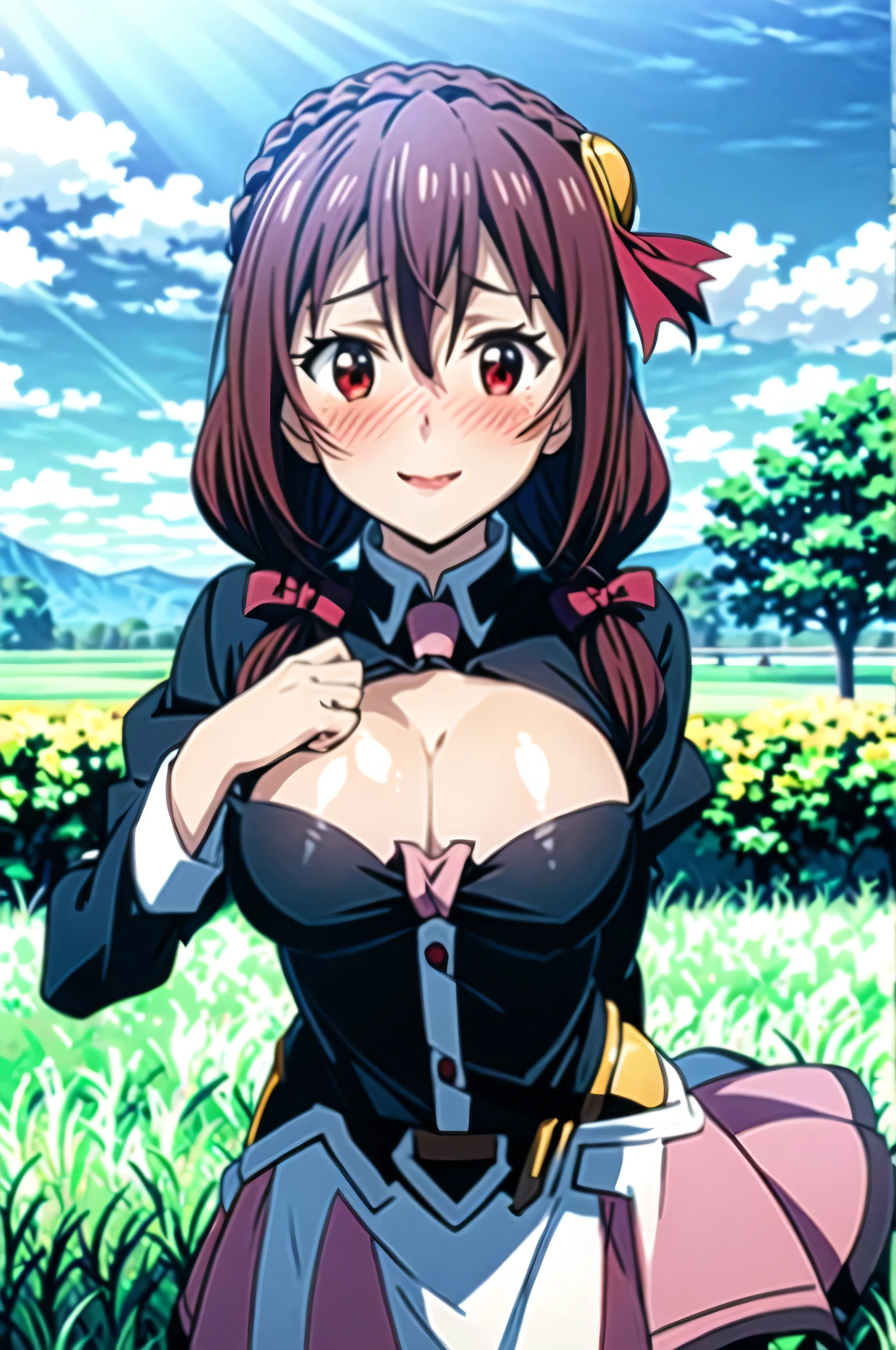 (masterpiece, Highest quality), One girl, Yunyun,Long Hair,Braiding,Twin tails,Hair between the eyes,Red hair ribbon,hair ornaments,large round breasts,、Pink Skirt、Black Hair、Crown Blade,Black Shirt, Long sleeve,Pink tie, belt, Cleavage cutout、Above chest、(blush:1.ung face、grassland、(Kiss the viewer)、Happy Face