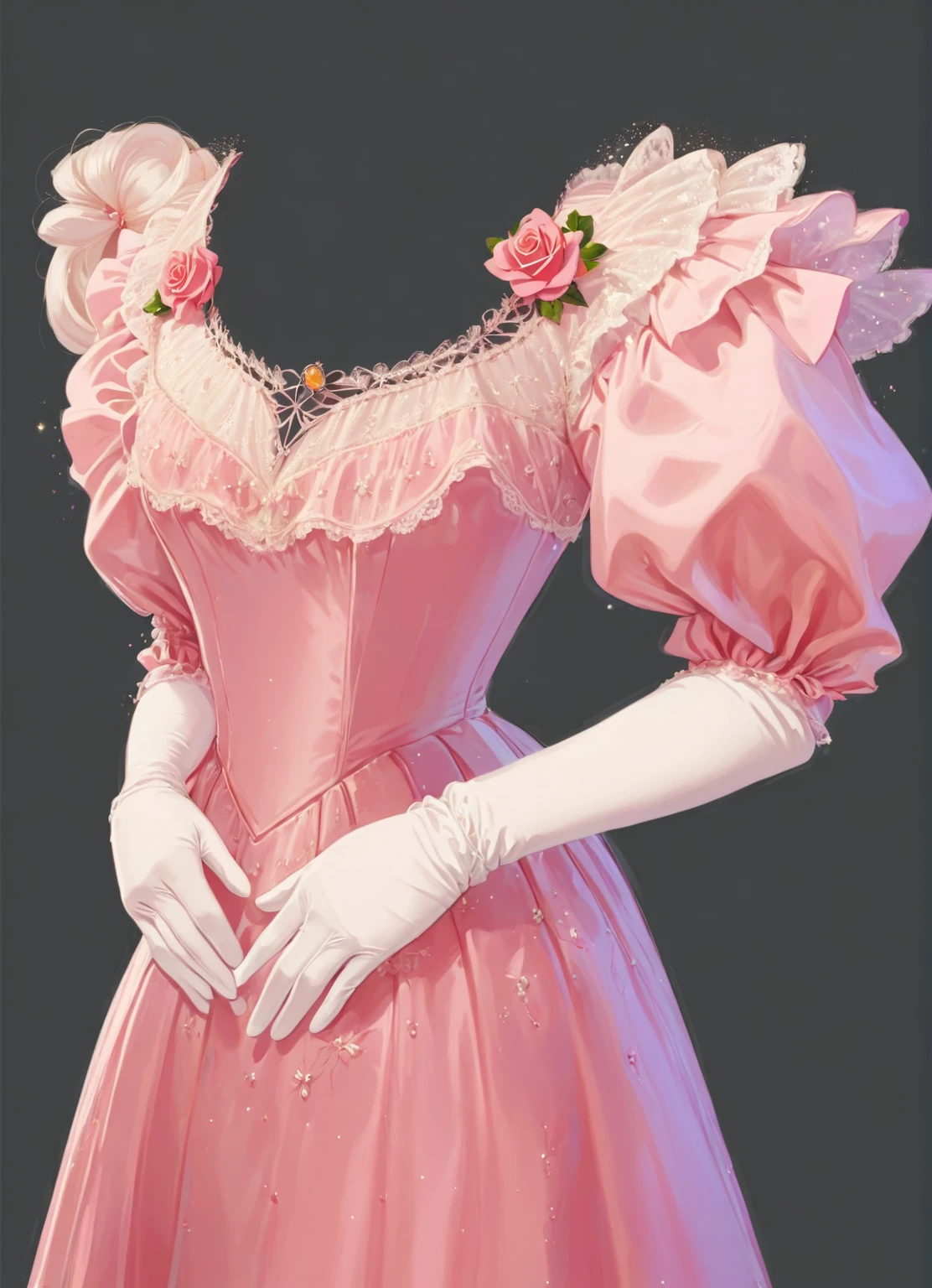 beautiful illustration, ultra-detailed, masterpiece, pink dress, white long gloves, victorian era, victorian dress, glitter, roses, white lace, beautiful dress, anime style, a lot of gems on the lace, a lot of lace, a lot of lace