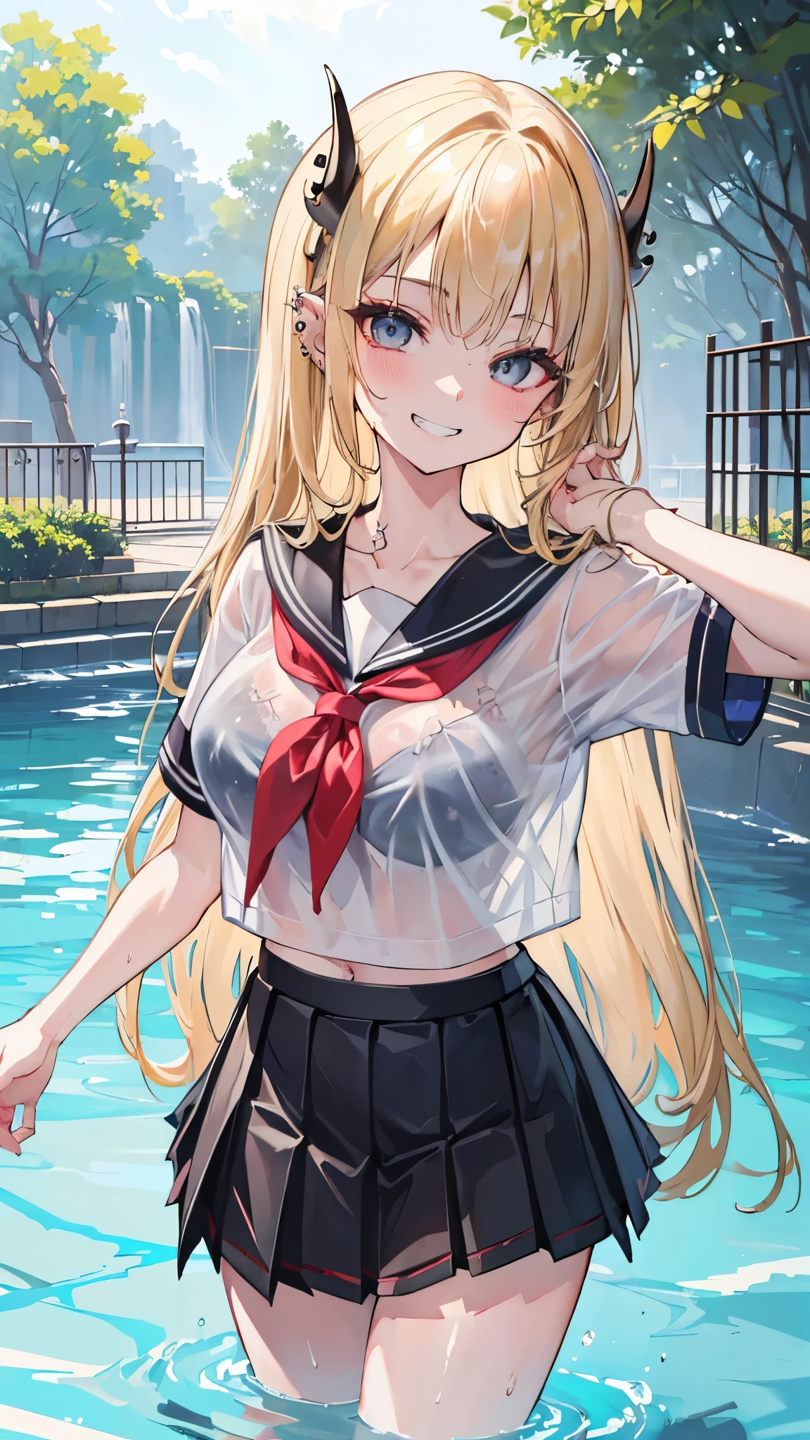 ((masterpiece、Highest quality、Very detailed))、One girl、Blonde、Long Hair、Grey Eyes、evil smile、((Grin))、((lots of piercing))、Large Breasts、((serafuku))、Short sleeve、((wet clothes))、bra visible through clothes、((Black pleated skirt))、Cowboy Shot、Pool Background