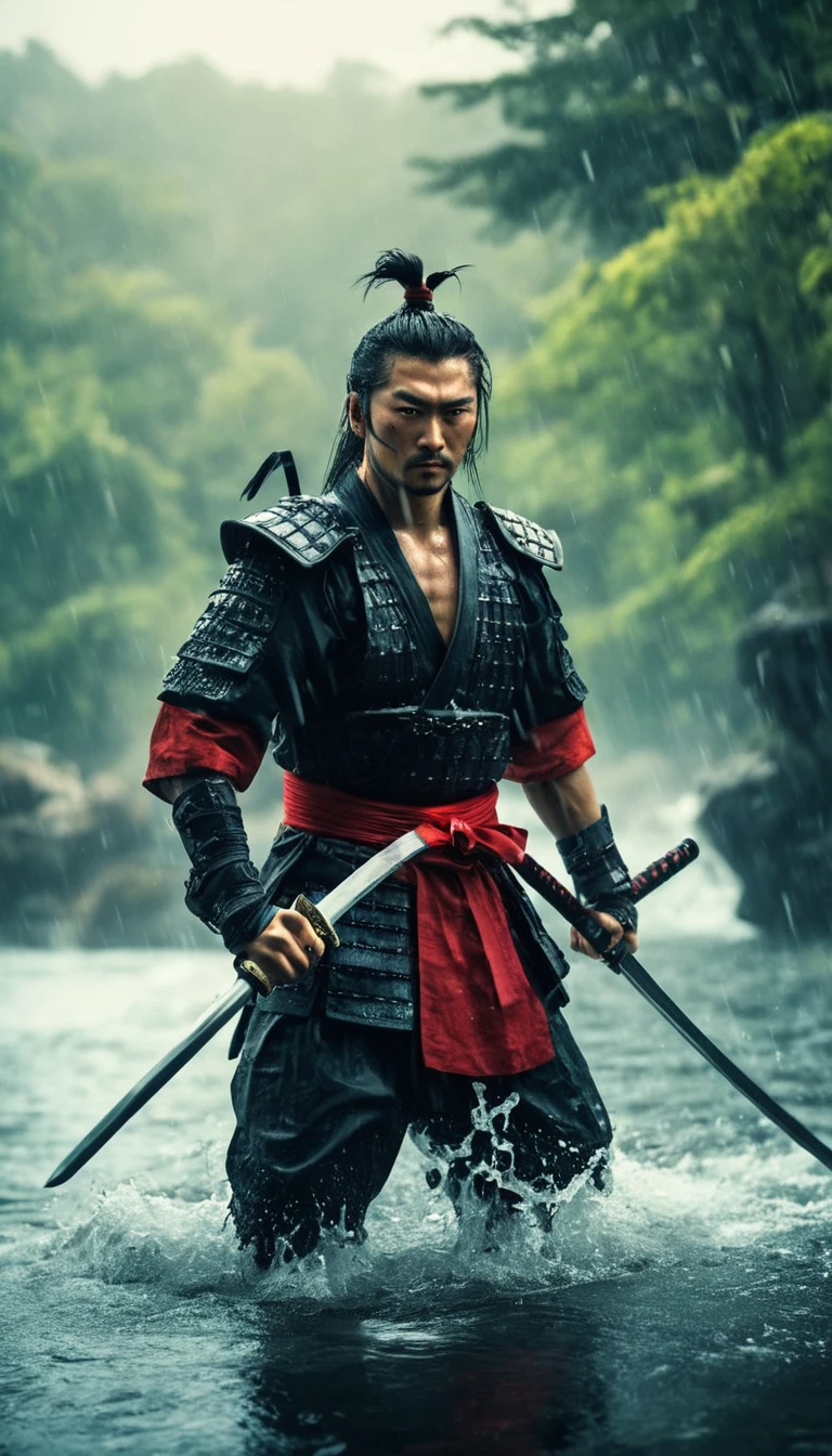 best quality,Ultra-fine,warrior samurai in water ,view in front of the camera, Air,One hand holding a katana,Face mask,fighting,Dodge,avoid,lifelike,photorealism:1.37),bright colors,clear focus,Defocused,(fantasy:1.2),(mystical landscapes),(dynamic poses:1.37),(intense gaze),(Extraordinary power),(the power of myth),black and red,rainy day,Wounds on the body,splash
