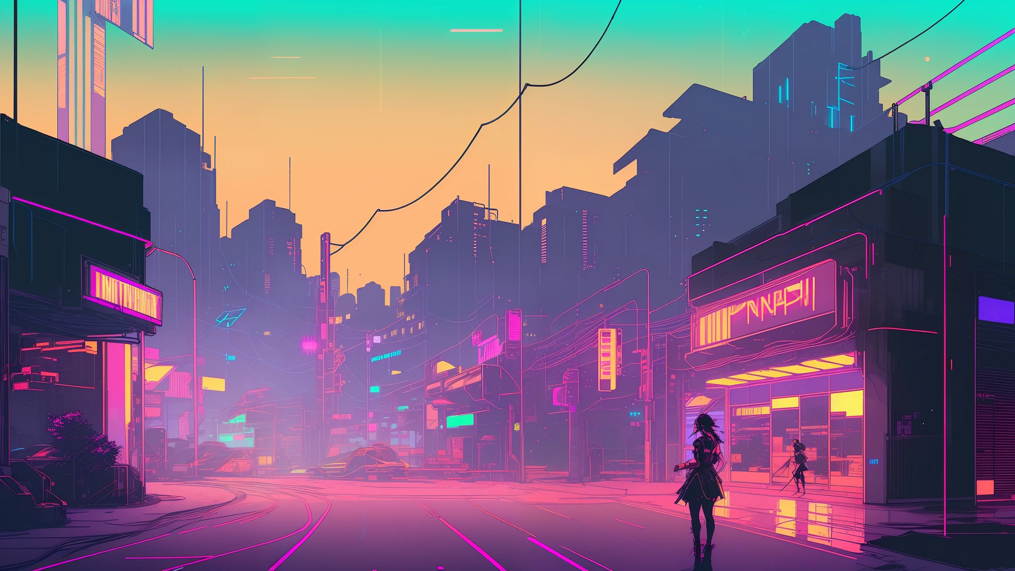 (nvinkpunk:1.2) ,Streetscape、Light Wave, night、Neon Light,A woman smoking a cigarette、Back view、Complex, Very detailed