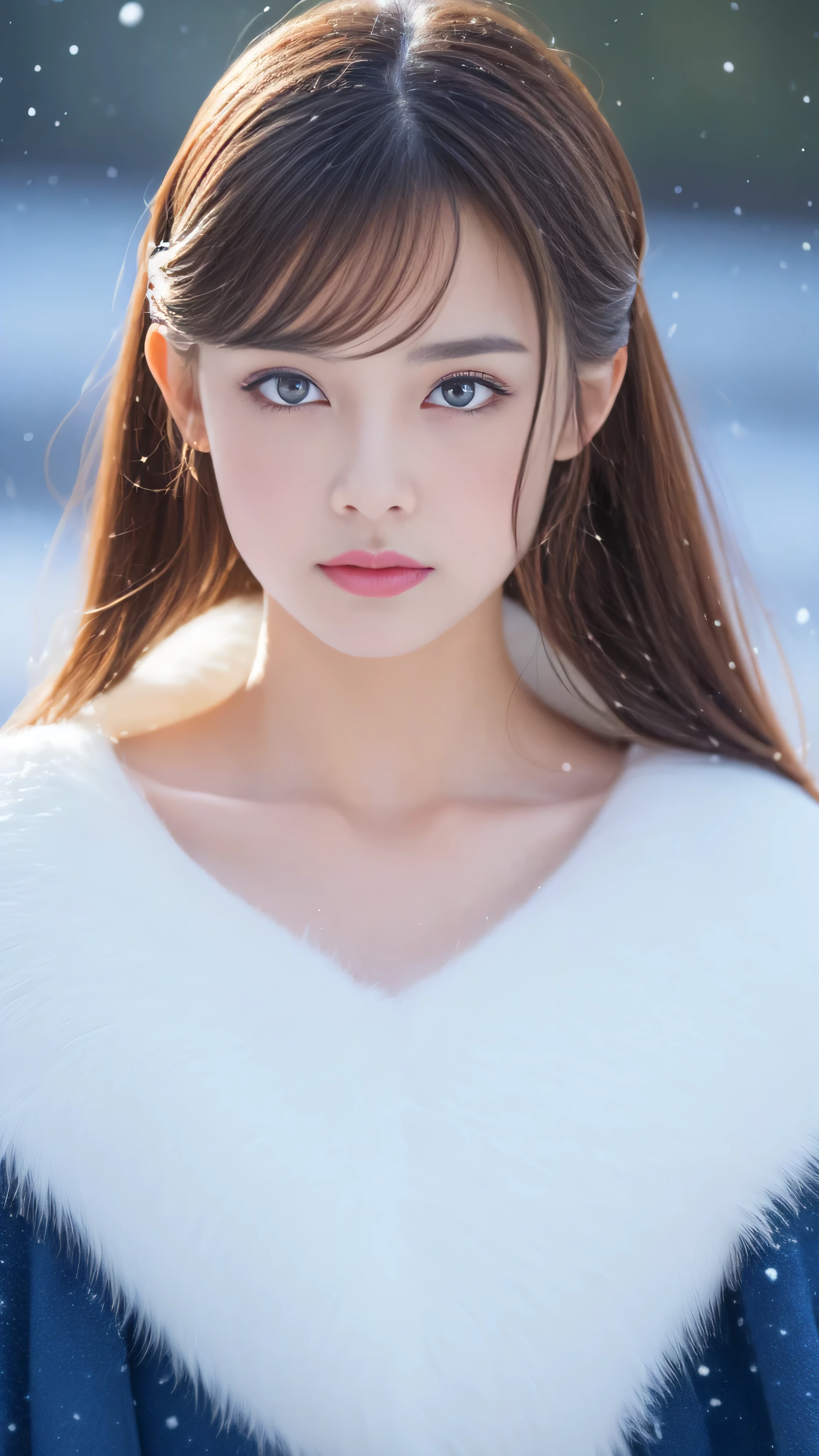 (highest quality, 8k, 32K，details are very clear),Realistic, High resolution, 1 Japanese Women, alone, (Lolita Costume)，Gorgeous costumes，Facing the audience，(Upper Body，Upper limbs)， Beautiful Eyes, brown hair, Ring-shaped eyes, (outside，Heavy snowfall，thick fur cape，Cover with snow)，Snowfield，blue eyes，highest qualityのイラスト，Detailed facial features