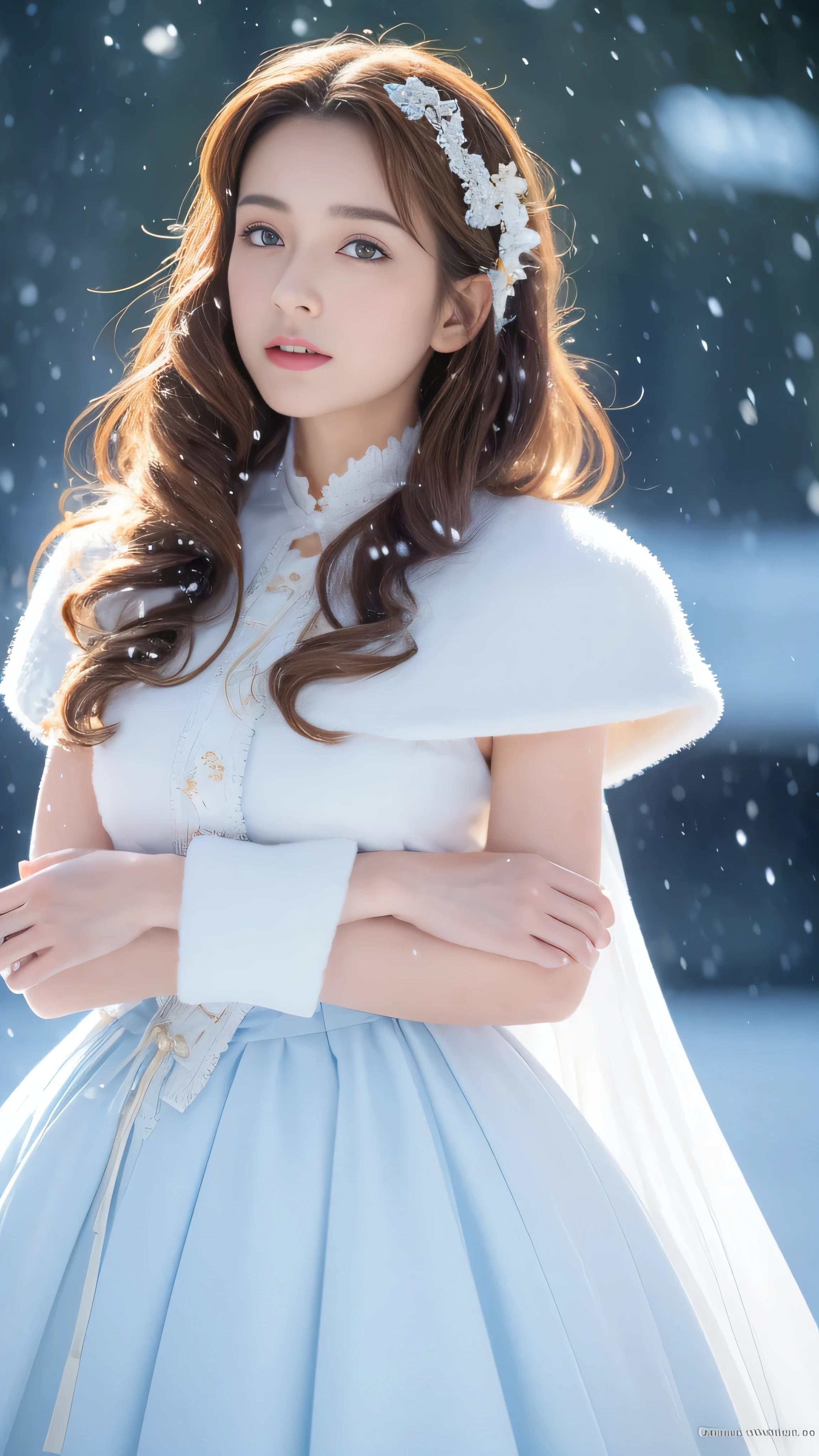 (highest quality, 8k, 32K,details are very clear),Realistic, High resolution, 1 Japanese Women, alone, (Lolita Costume),Gorgeous costumes,Facing the audience,(Upper Body,Upper limbs), Beautiful Eyes, brown hair, Ring-shaped eyes, (outside,Heavy snowfall,thick fur cape,Cover with snow),Snowfield,blue eyes,highest qualityのイラスト,Detailed facial features
