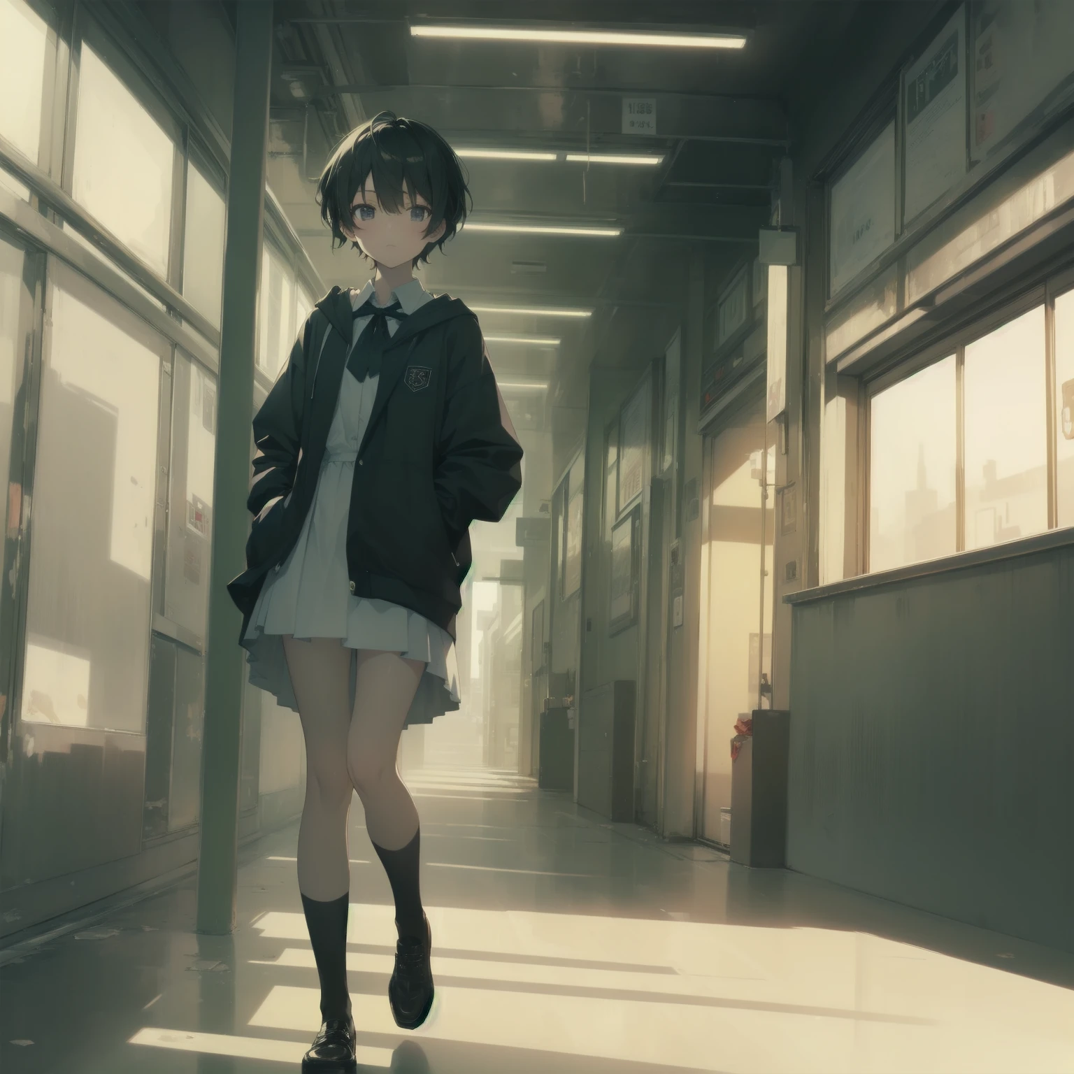 ultra-absurdres-Top quality by artist God, ultra-detailed, high resolution, anime moe artstyle, best anime 8k konachan wallpaper, pixiv contest winner, pool:2810, perfect anatomy,break, 1girl, (Please draw a girl walking sleepily to school alone. )break,(Solo,little female, 13-year-old:1.3),Full limbs, complete fingers,a junior high school student, (very short hair), short cut, flat chest, , small butt, small black eyes, beautiful detailed eyes, well-proportioned iris and pupils, expressive eyes, highres detailed hair, soft expression, salor school_uniform, sailor collar, serahuku, bow, pleated skirt,(Detailed Lighting), (Detailed background), in the School commute route. break,super detailed skin, Best cinematic lighting powered by famous artist, 8k,beauty illustration,photoshop_(medium),very aesthetic,break,((artist:sincos )), artist:clamp ,artist:carnelian ,artist:kantoku ,