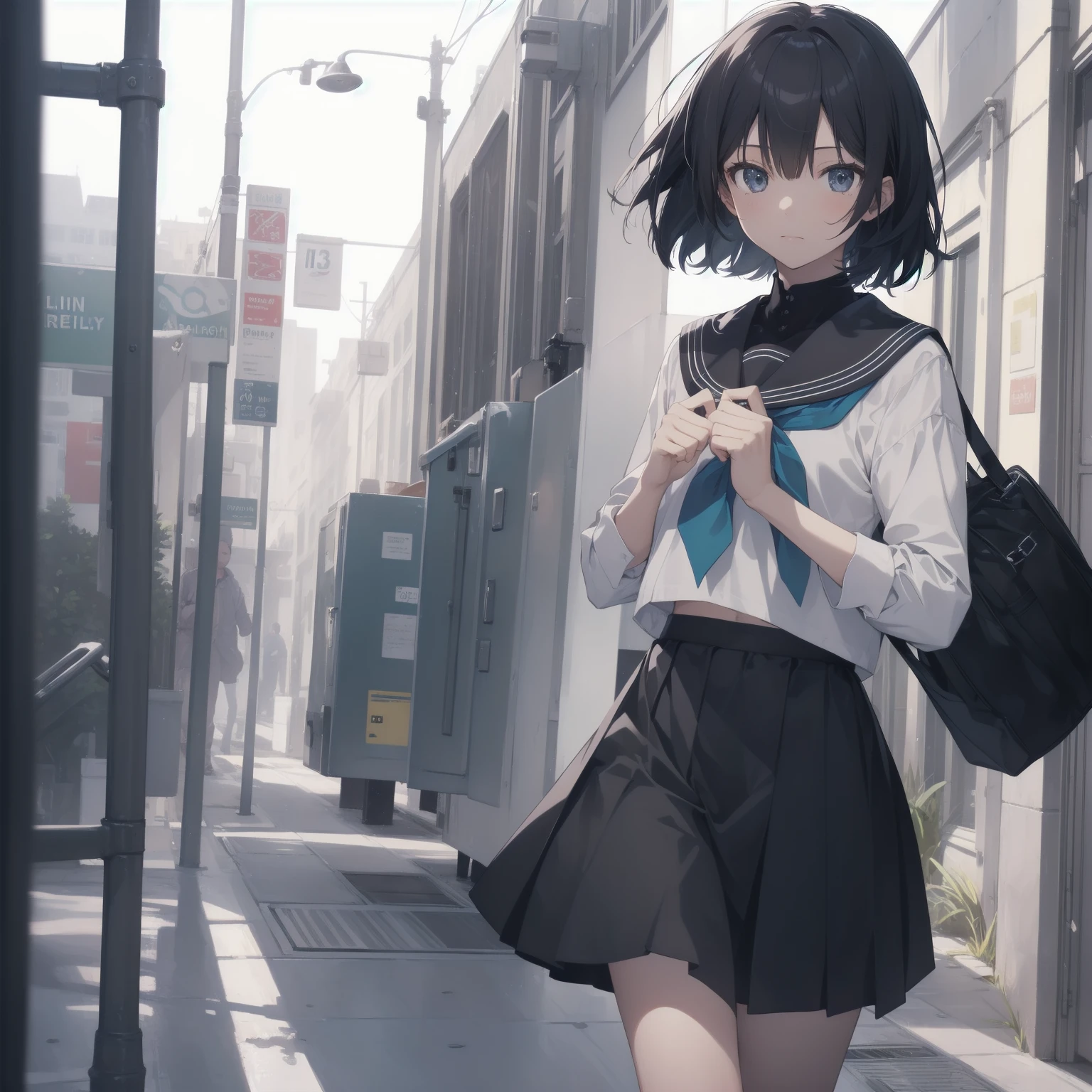 ultra-absurdres-Top quality by artist God, ultra-detailed, high resolution, anime moe artstyle, best anime 8k konachan wallpaper, pixiv contest winner, pool:2810, perfect anatomy,break, 1girl, (Please draw a girl walking sleepily to school alone. )break,(Solo,little female, 13-year-old:1.3),Full limbs, complete fingers,a junior high school student, (very short hair), short cut, flat chest, , small butt, small black eyes, beautiful detailed eyes, well-proportioned iris and pupils, expressive eyes, highres detailed hair, soft expression, salor school_uniform, sailor collar, serahuku, bow, pleated skirt,(Detailed Lighting), (Detailed background), in the School commute route. break,super detailed skin, Best cinematic lighting powered by famous artist, 8k,beauty illustration,photoshop_(medium),very aesthetic,break,((artist:sincos )), artist:clamp ,artist:carnelian ,artist:kantoku ,