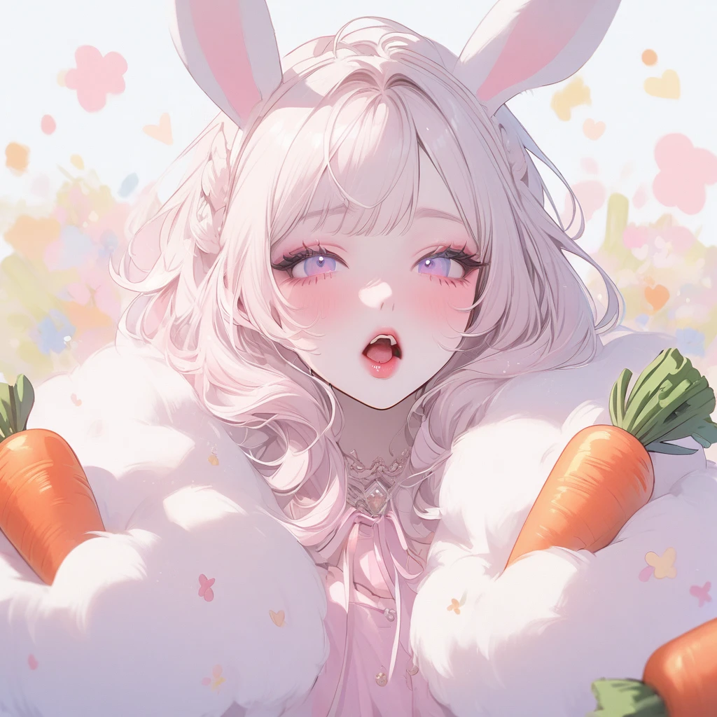 Girl, white hair, albino, beautiful, pastel pink shirt, pastel colors, lipgloss, brat, wide mouth, ethereal, submissive, white bunny ears, cute, fluffy ears, sweet, carrot