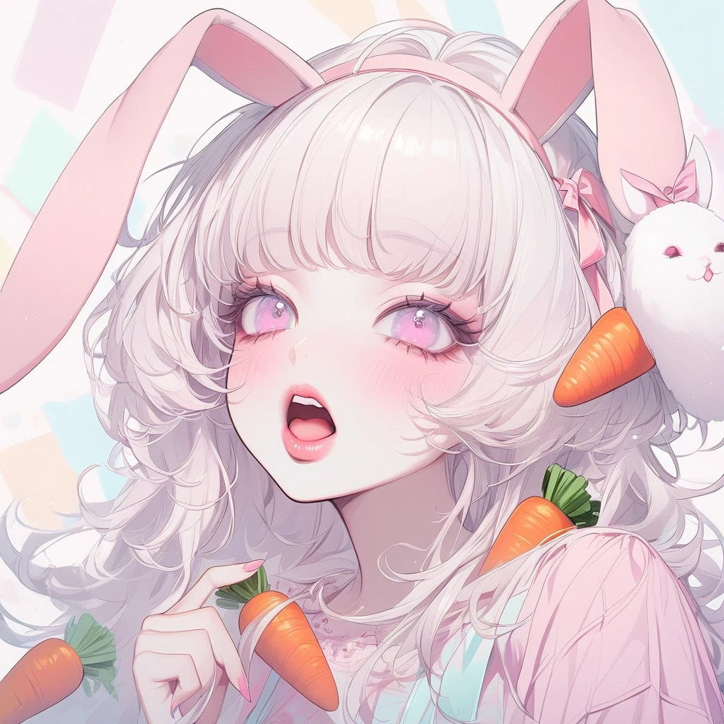 Girl, white hair, albino, beautiful, pastel pink shirt, pastel colors, lipgloss, brat, wide mouth, ethereal, submissive, white bunny ears, cute, fluffy ears, sweet, carrot